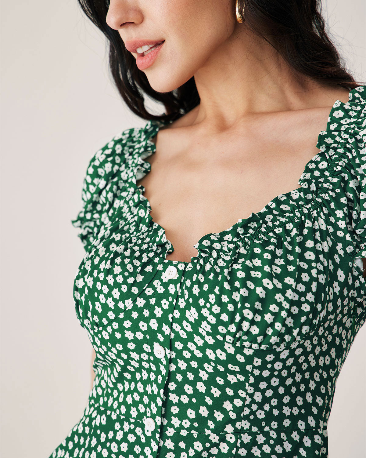 Belltoile™ Yeşil Çiçekli Kalp Yaka Mini Elbise