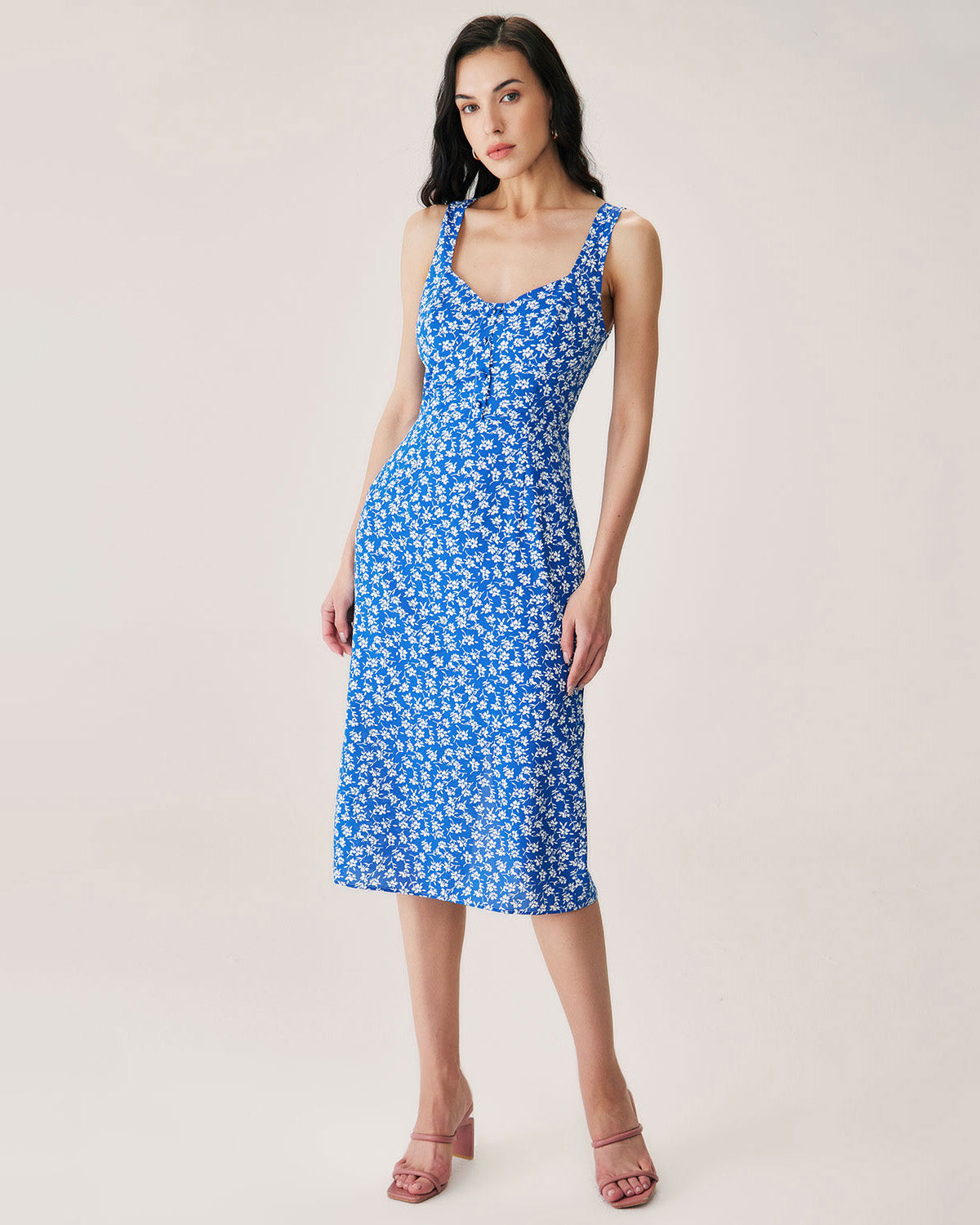 Belltoile™ Mavi Çiçekli Yırtmaçlı Slip Midi Elbise