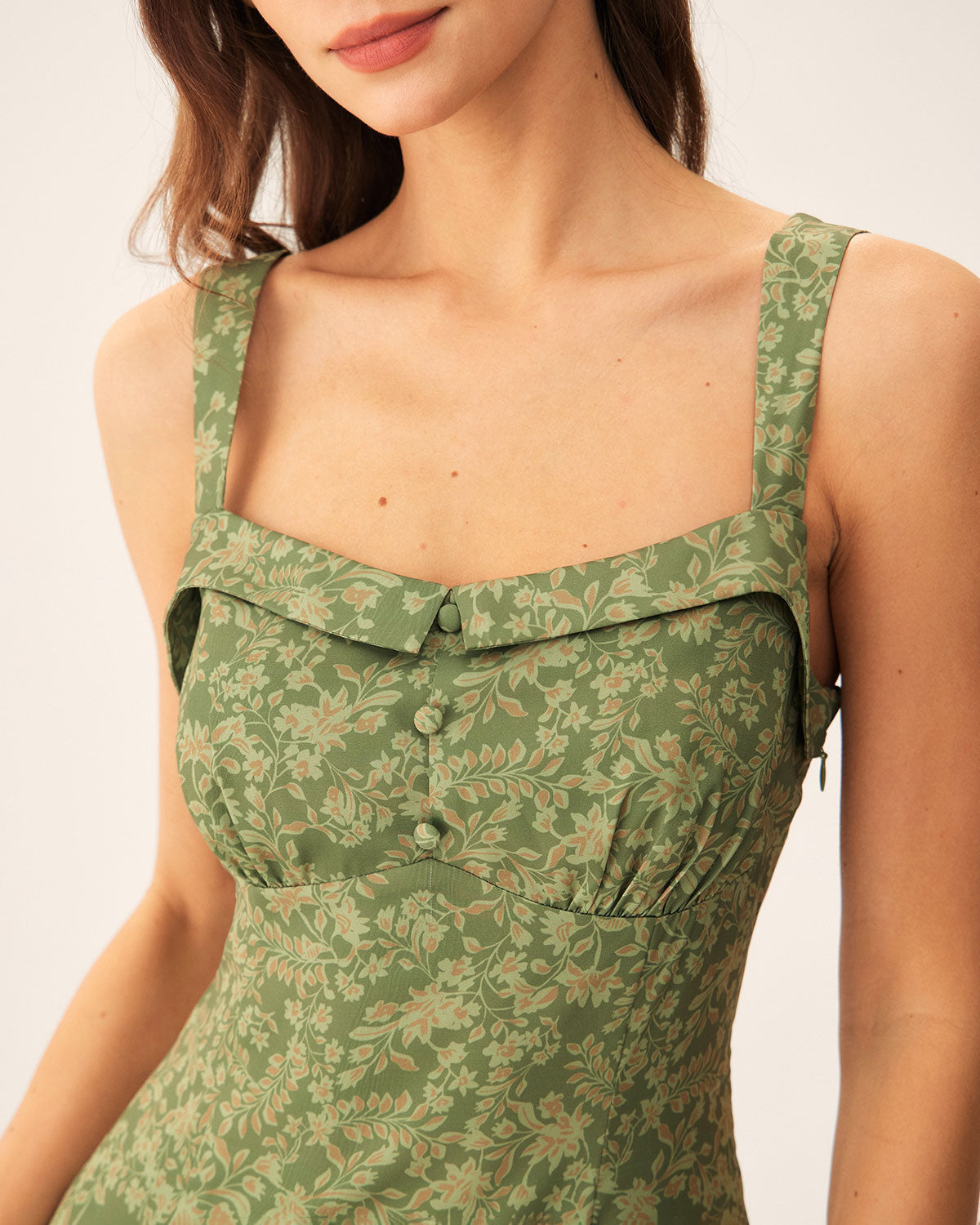 Belltoile™ Yeşil Çiçekli Kare Yaka Slip Midi Elbise