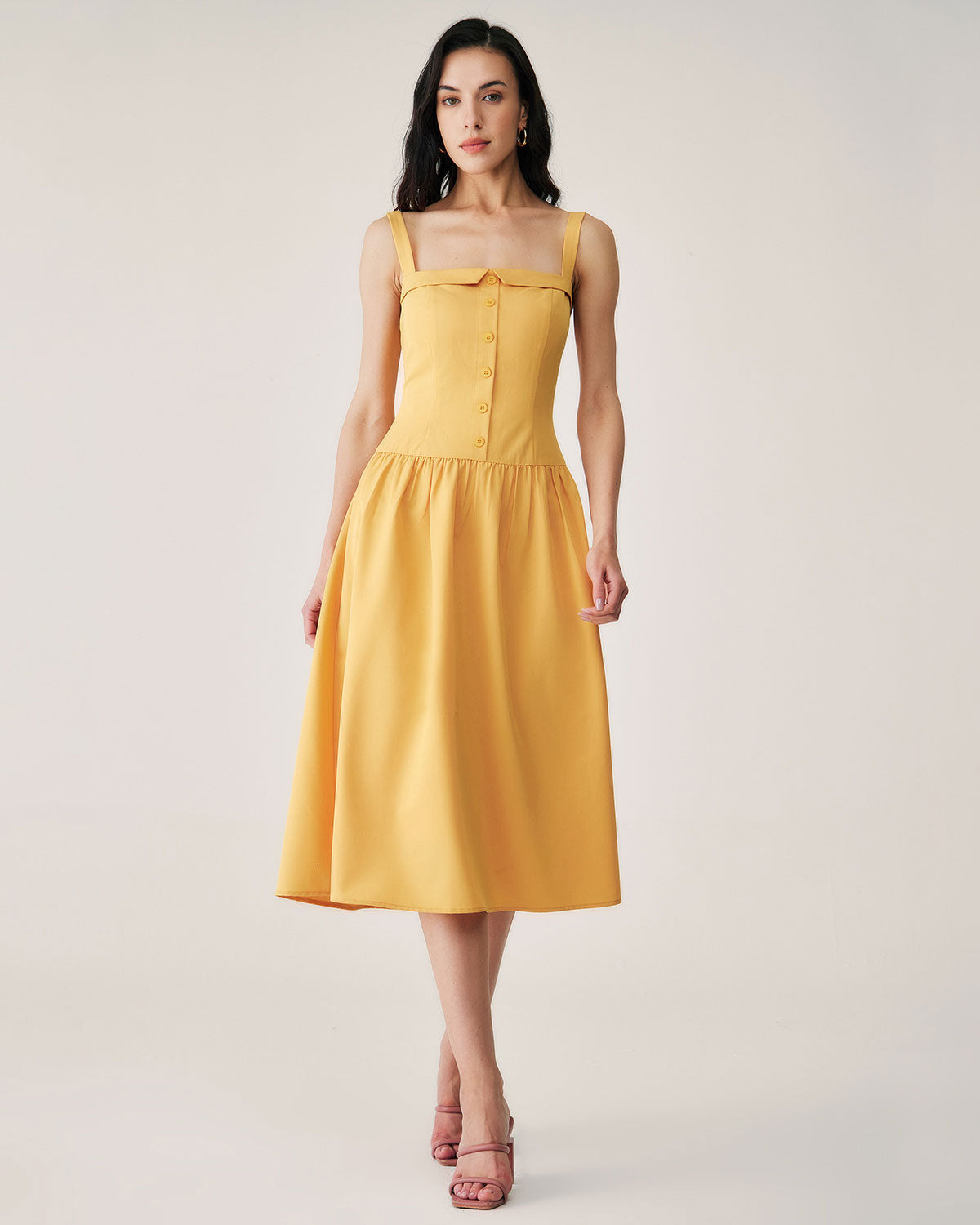 Belltoile™ Sarı Düğmeli Pileli Slip Midi Elbise
