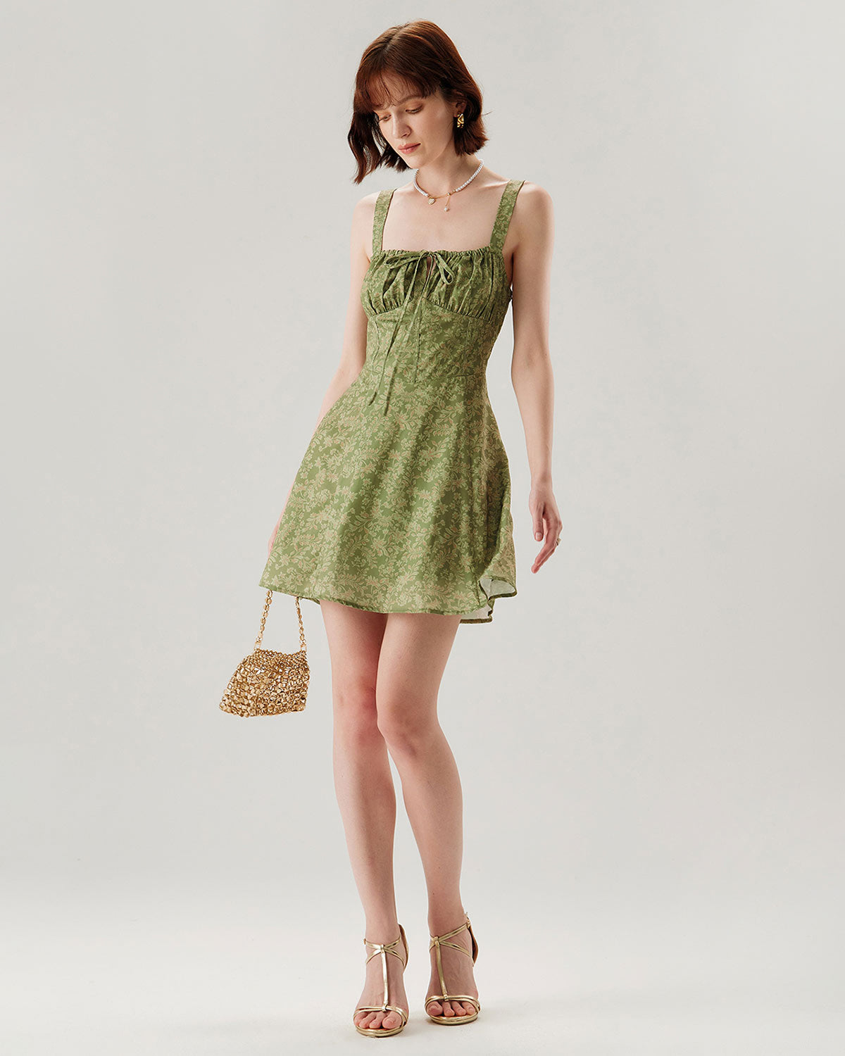 Belltoile™ Yeşil Çiçekli Dantelli Slip Mini Elbise