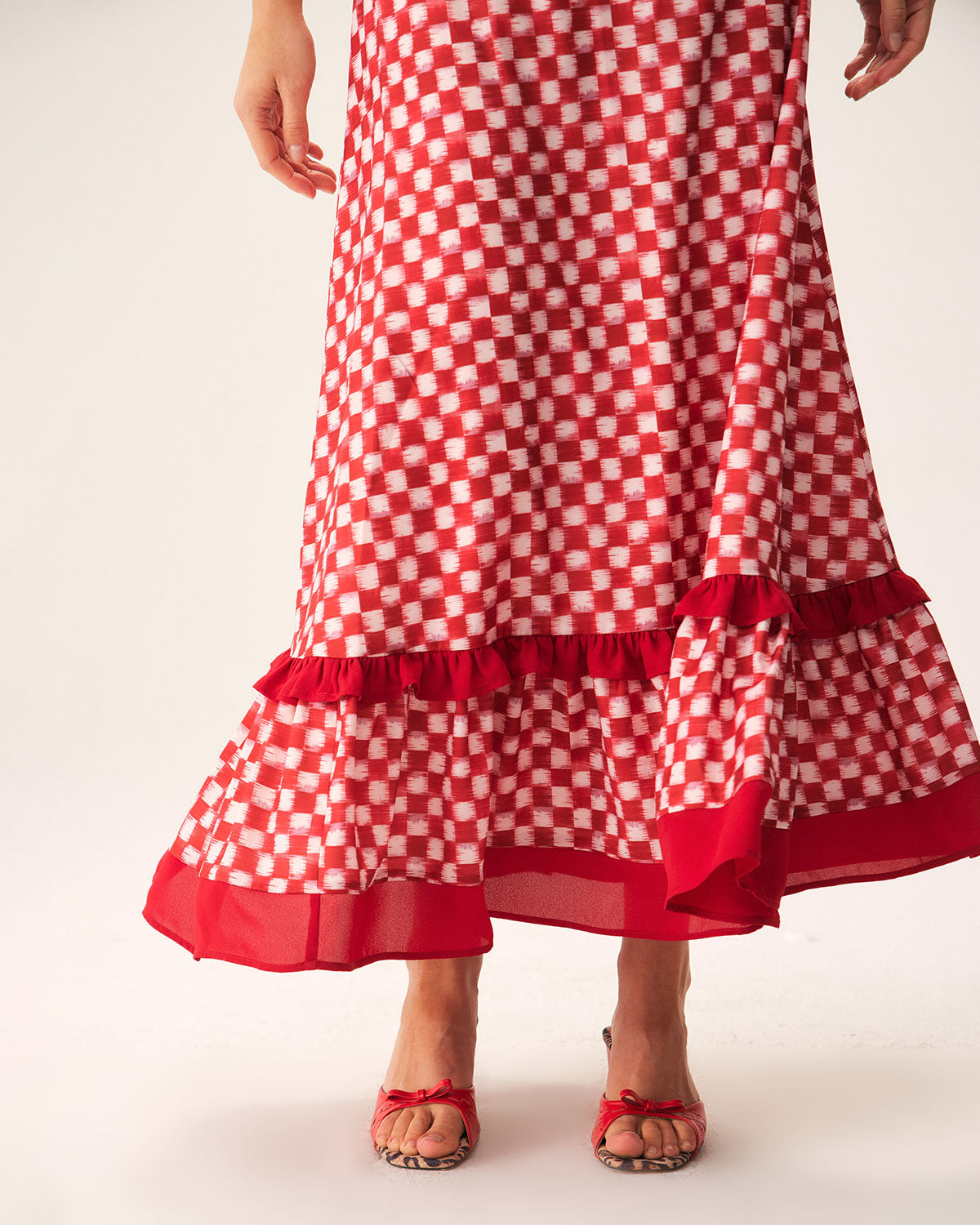 Belltoile™ Kırmızı Geometrik Fırfırlı Slip Maxi Elbise
