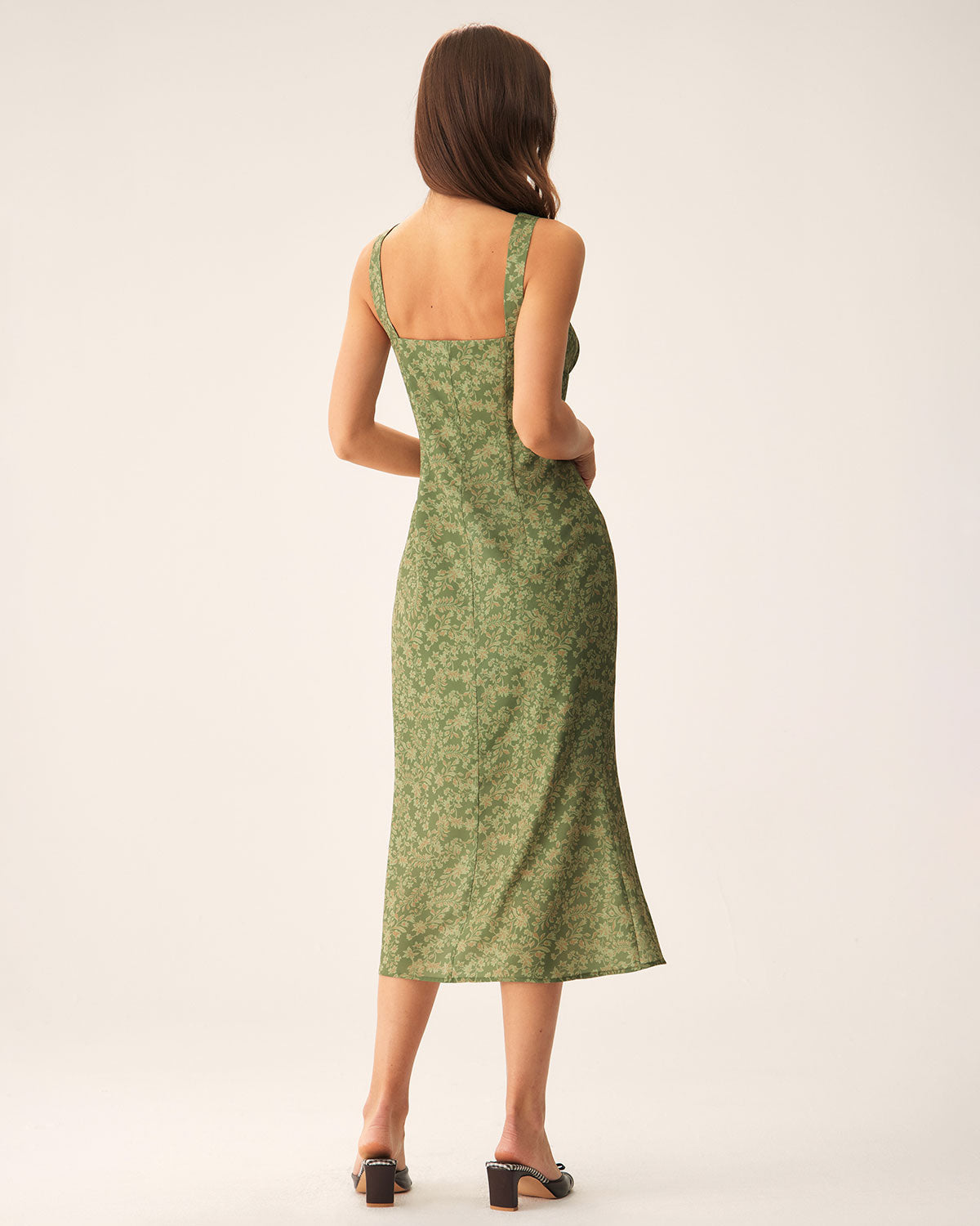 Belltoile™ Yeşil Çiçekli Kare Yaka Slip Midi Elbise