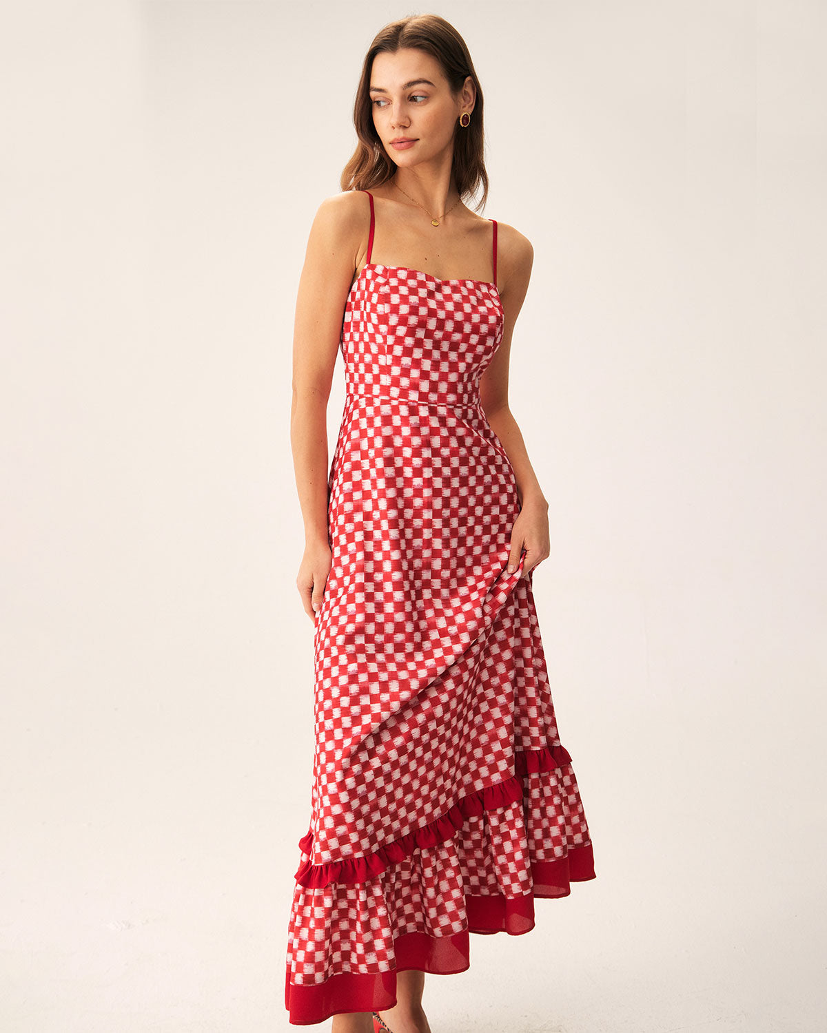 Belltoile™ Kırmızı Geometrik Fırfırlı Slip Maxi Elbise