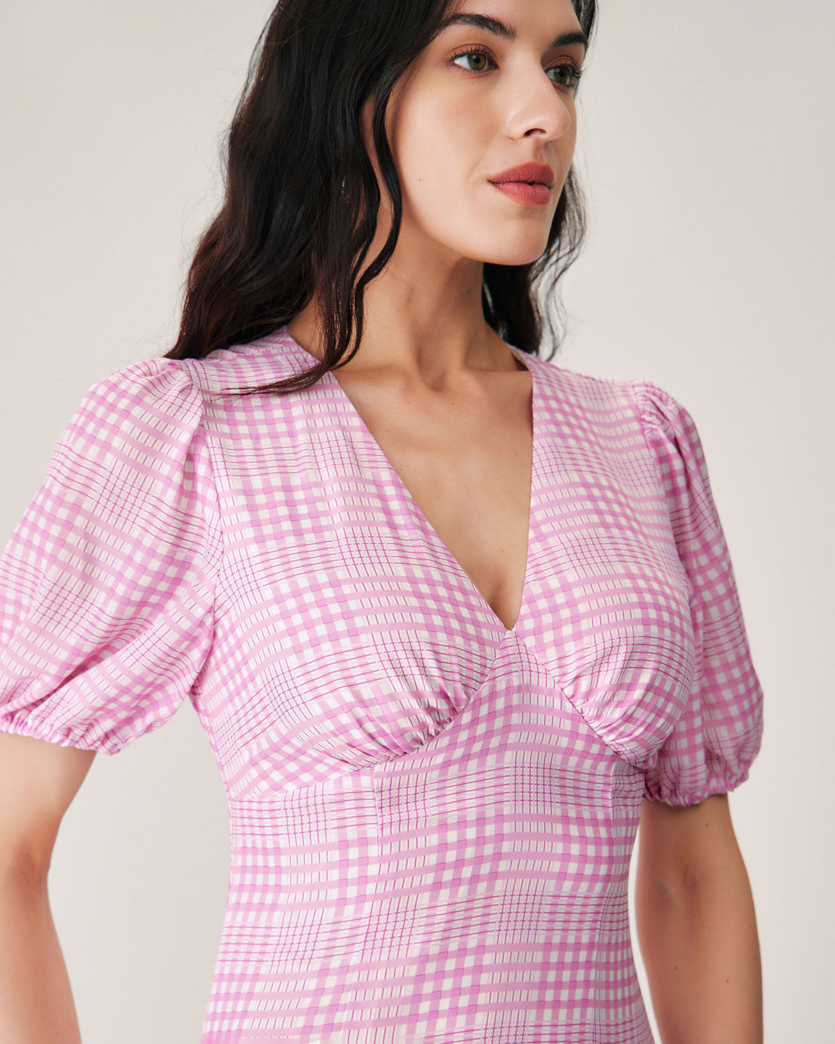 Belltoile™ Pembe Ekose V Yaka Midi Elbise
