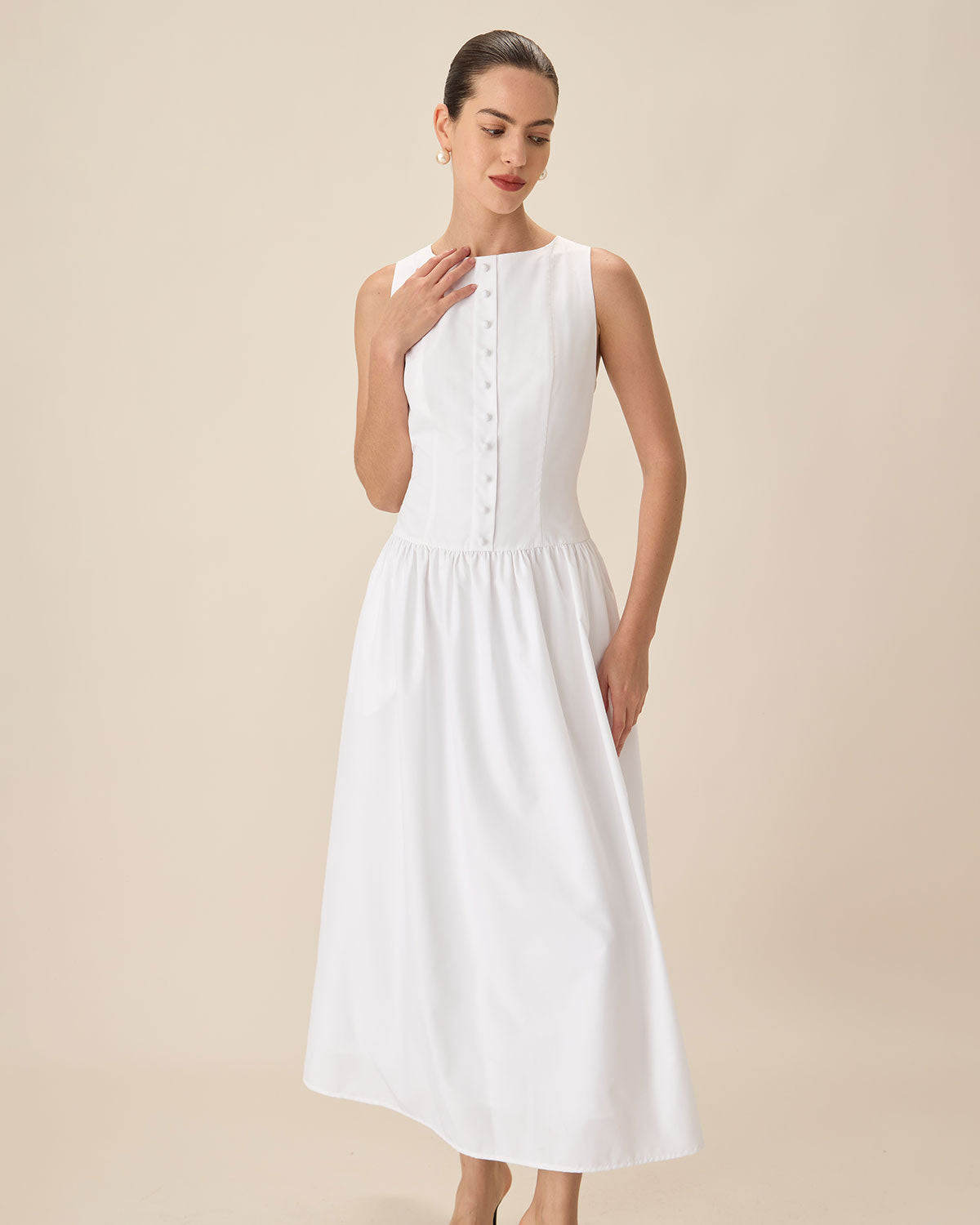 Belltoile™ Beyaz Yuvarlak Yaka Cepli Maxi Elbise