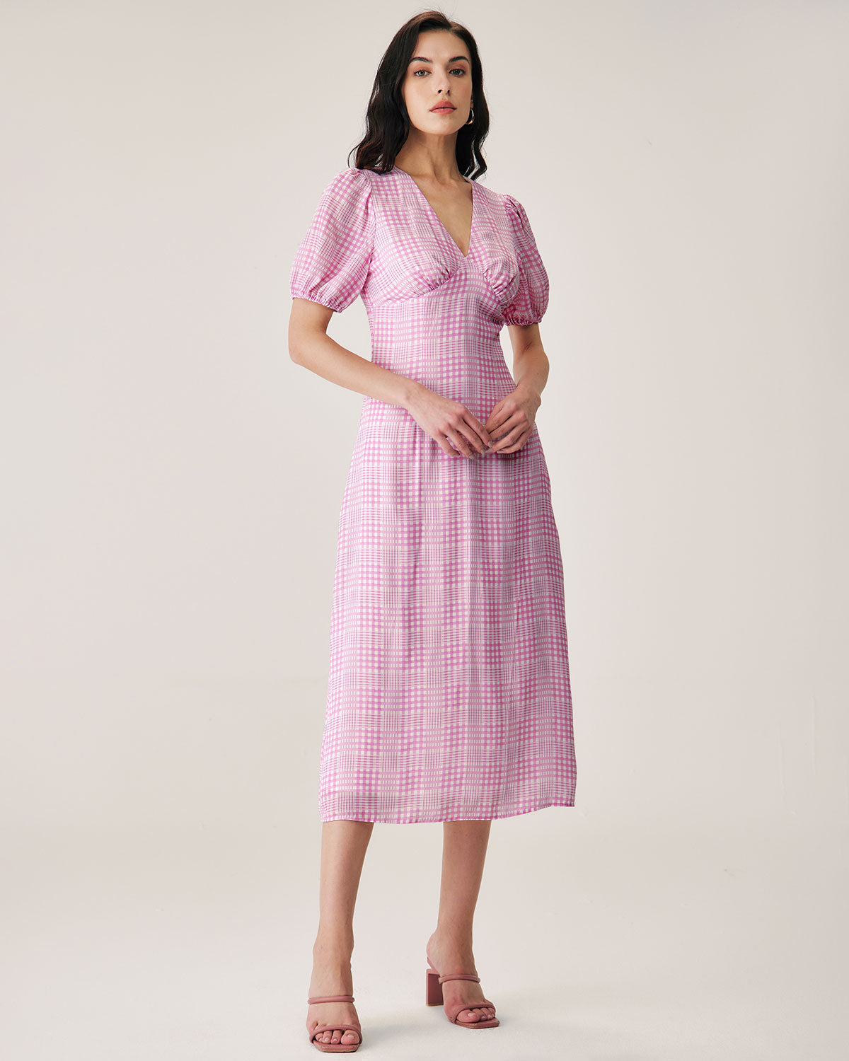 Belltoile™ Pembe Ekose V Yaka Midi Elbise