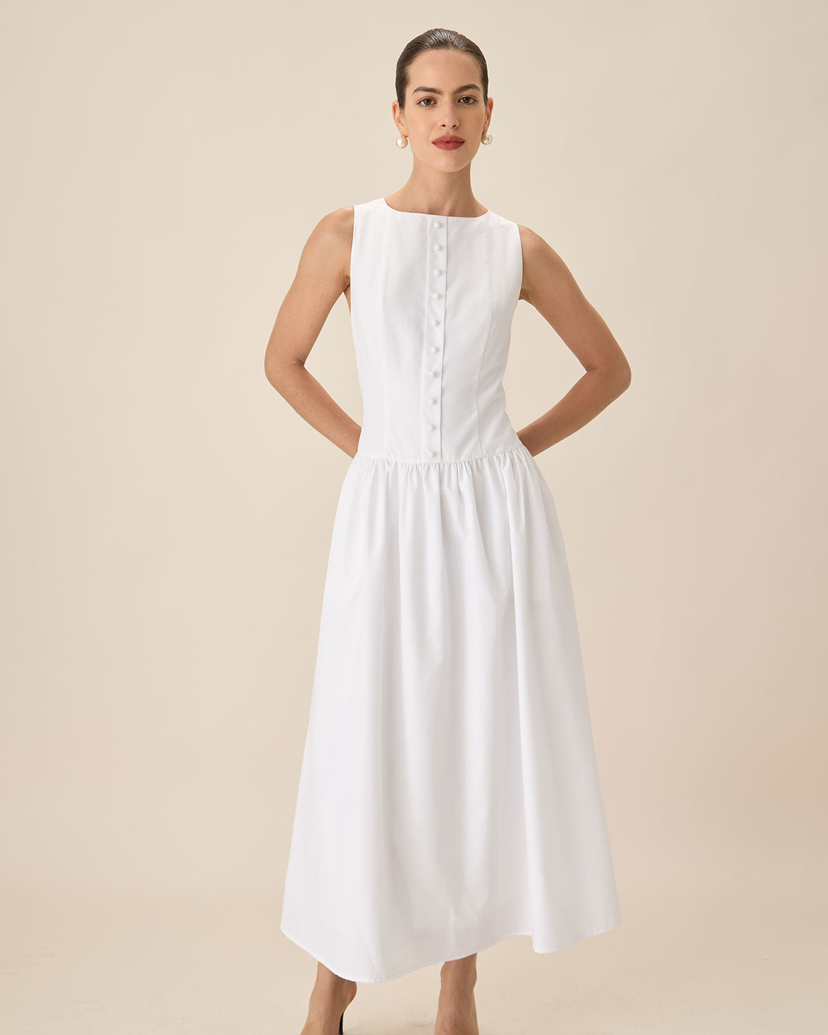 Belltoile™ Beyaz Yuvarlak Yaka Cepli Maxi Elbise