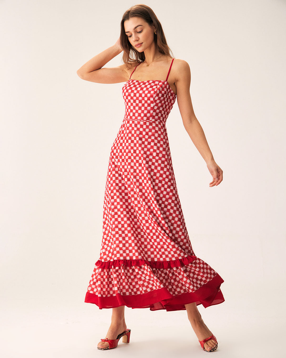 Belltoile™ Kırmızı Geometrik Fırfırlı Slip Maxi Elbise