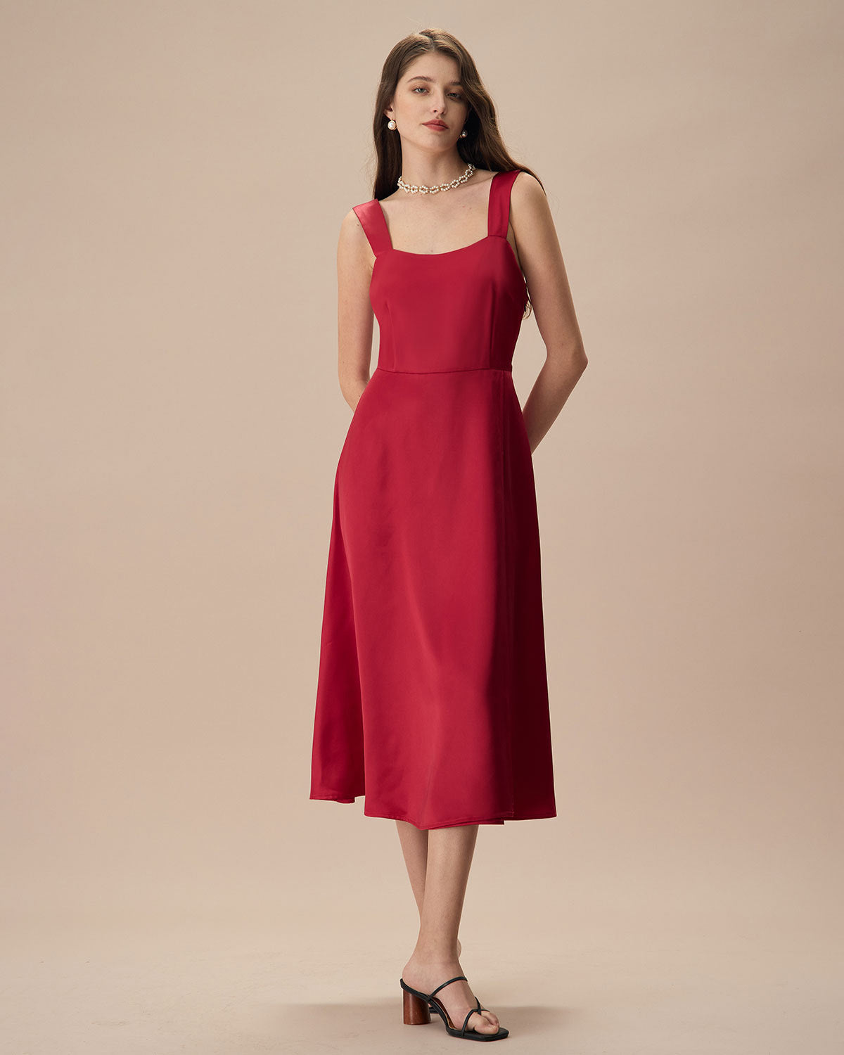Belltoile™ Kadın Kırmızı Saten Slip Midi Elbise