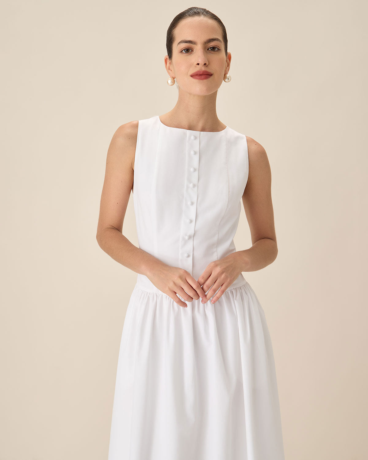 Belltoile™ Beyaz Yuvarlak Yaka Cepli Maxi Elbise