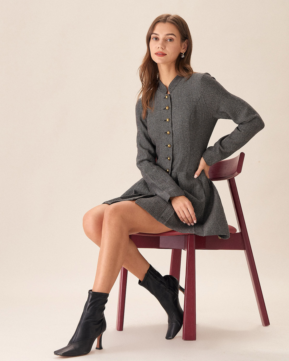 Belltoile™ Gri Düğmeli Piliseli Mini Elbise