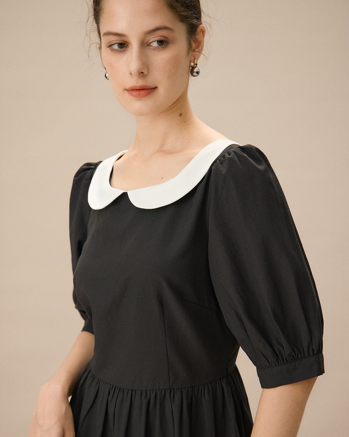 Belltoile™ Siyah Kontrast Kolları Kabarık Uzun Elbise