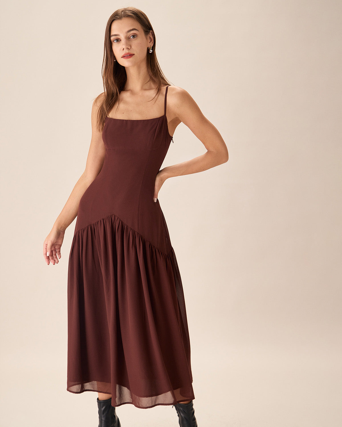Belltoile Kahverengi Şifon Dantelli Slip Midi Elbise