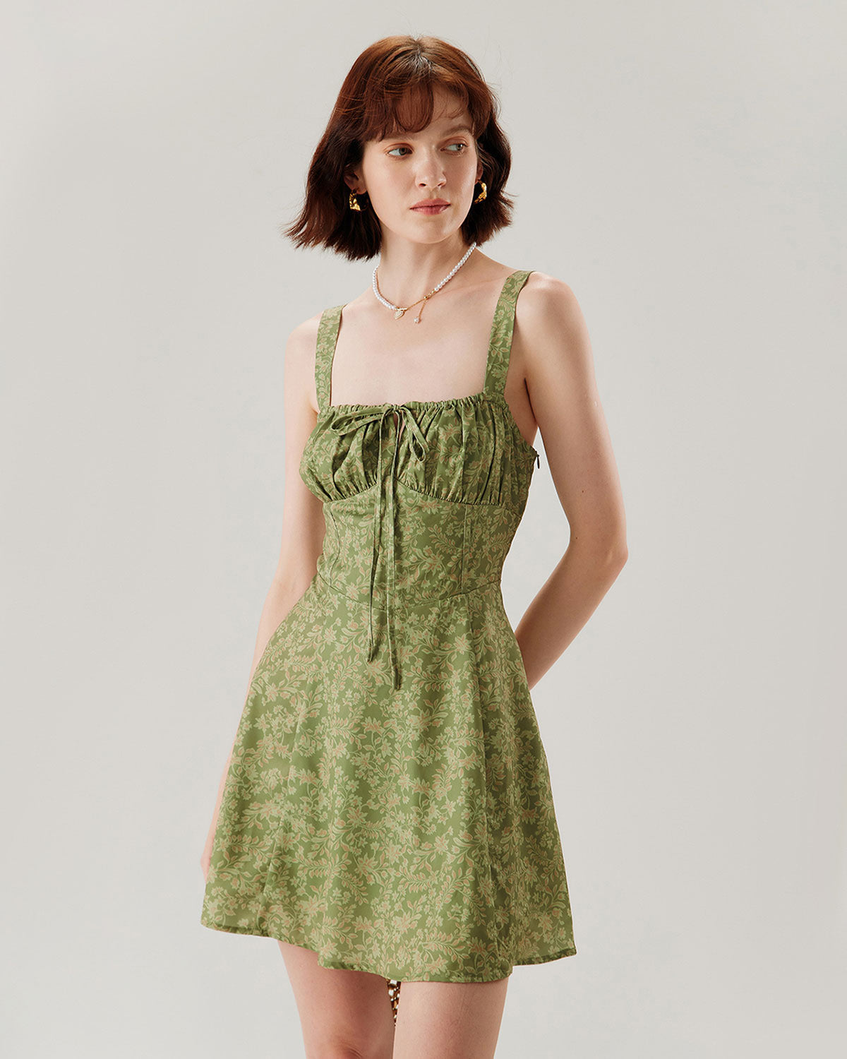 Belltoile™ Yeşil Çiçekli Dantelli Slip Mini Elbise