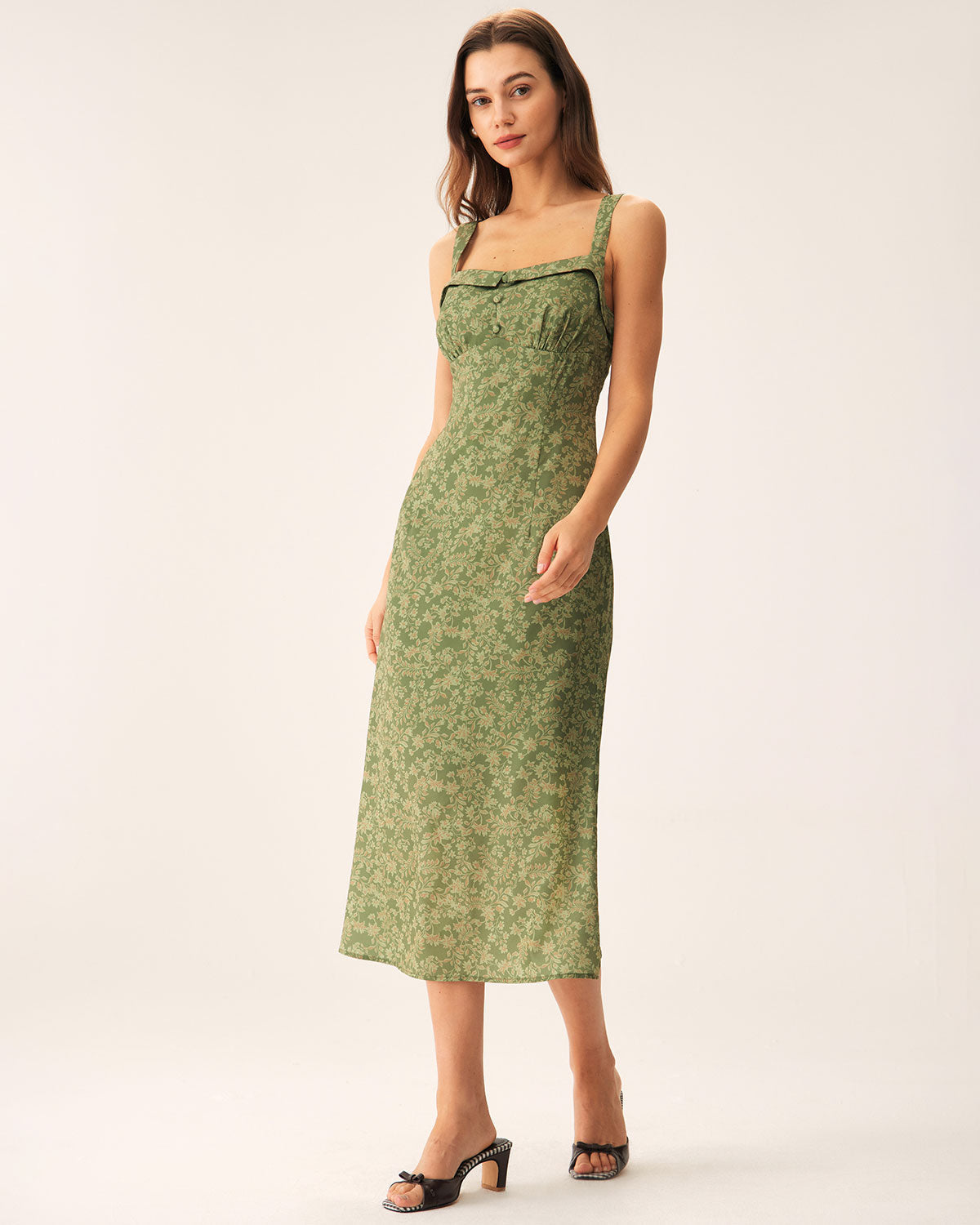 Belltoile™ Yeşil Çiçekli Kare Yaka Slip Midi Elbise