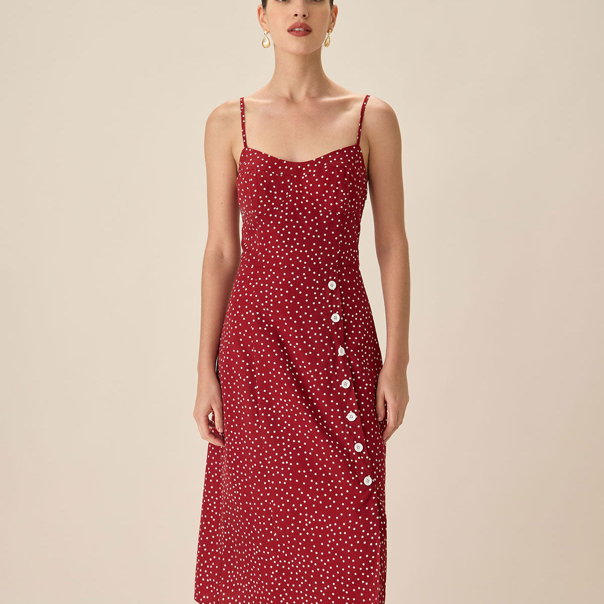 Belltoile™ Kırmızı Puantiyeli Slip Midi Elbise
