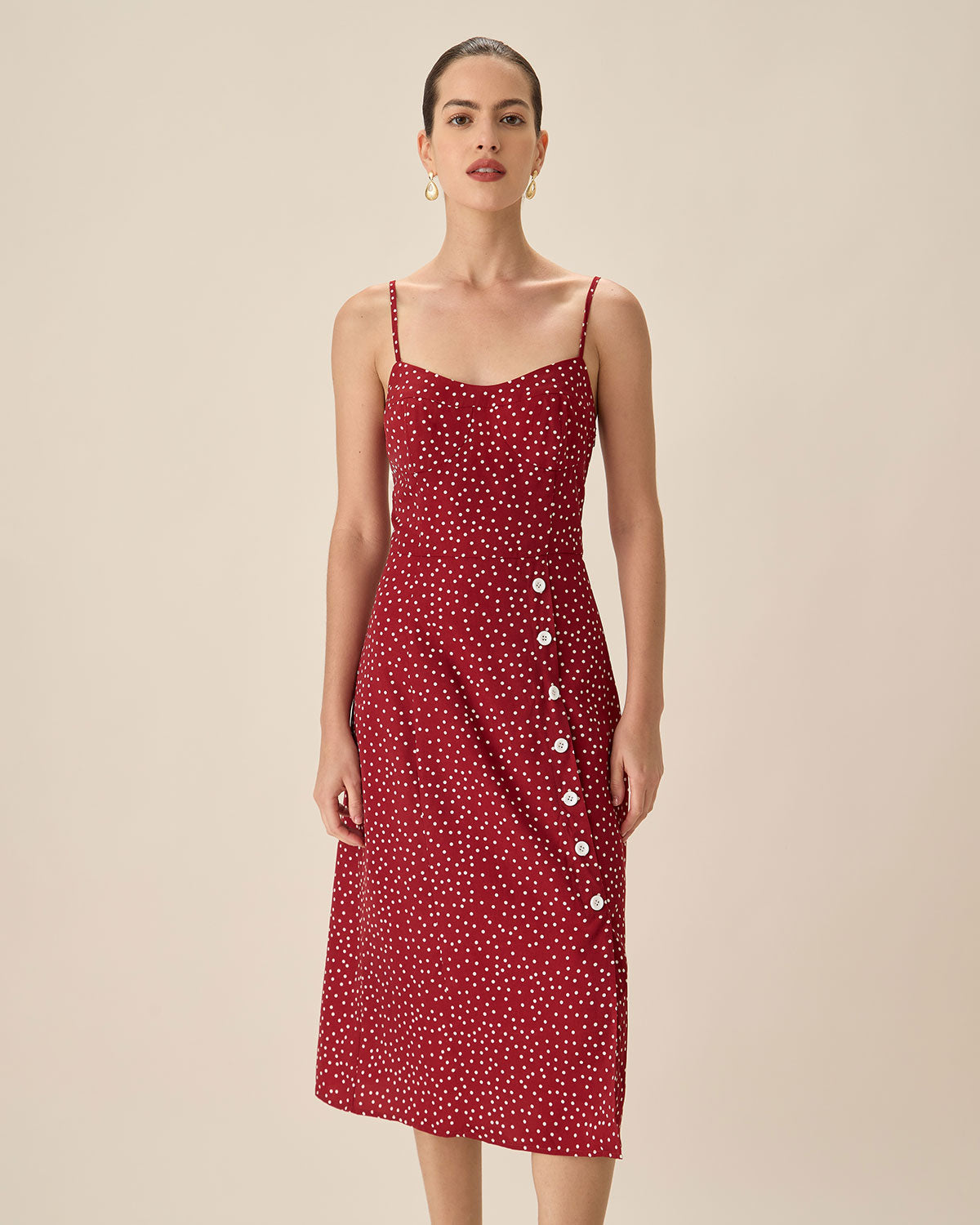 Belltoile™ Kırmızı Puantiyeli Slip Midi Elbise