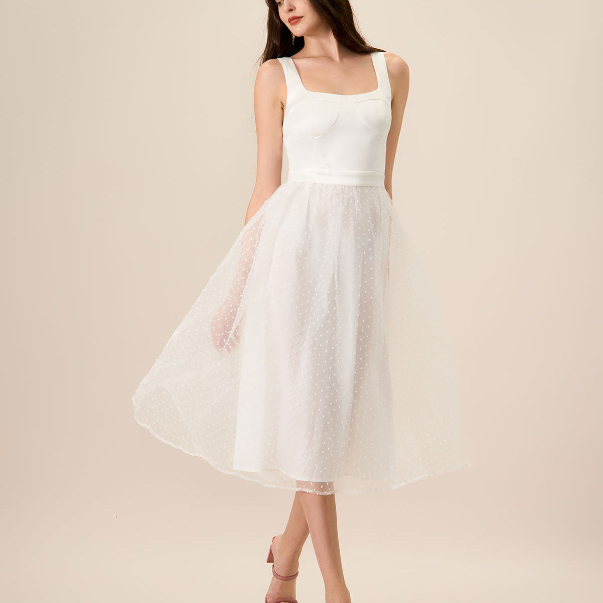 Belltoile™ Kadın Beyaz Transparan Birleştirme Midi Elbise