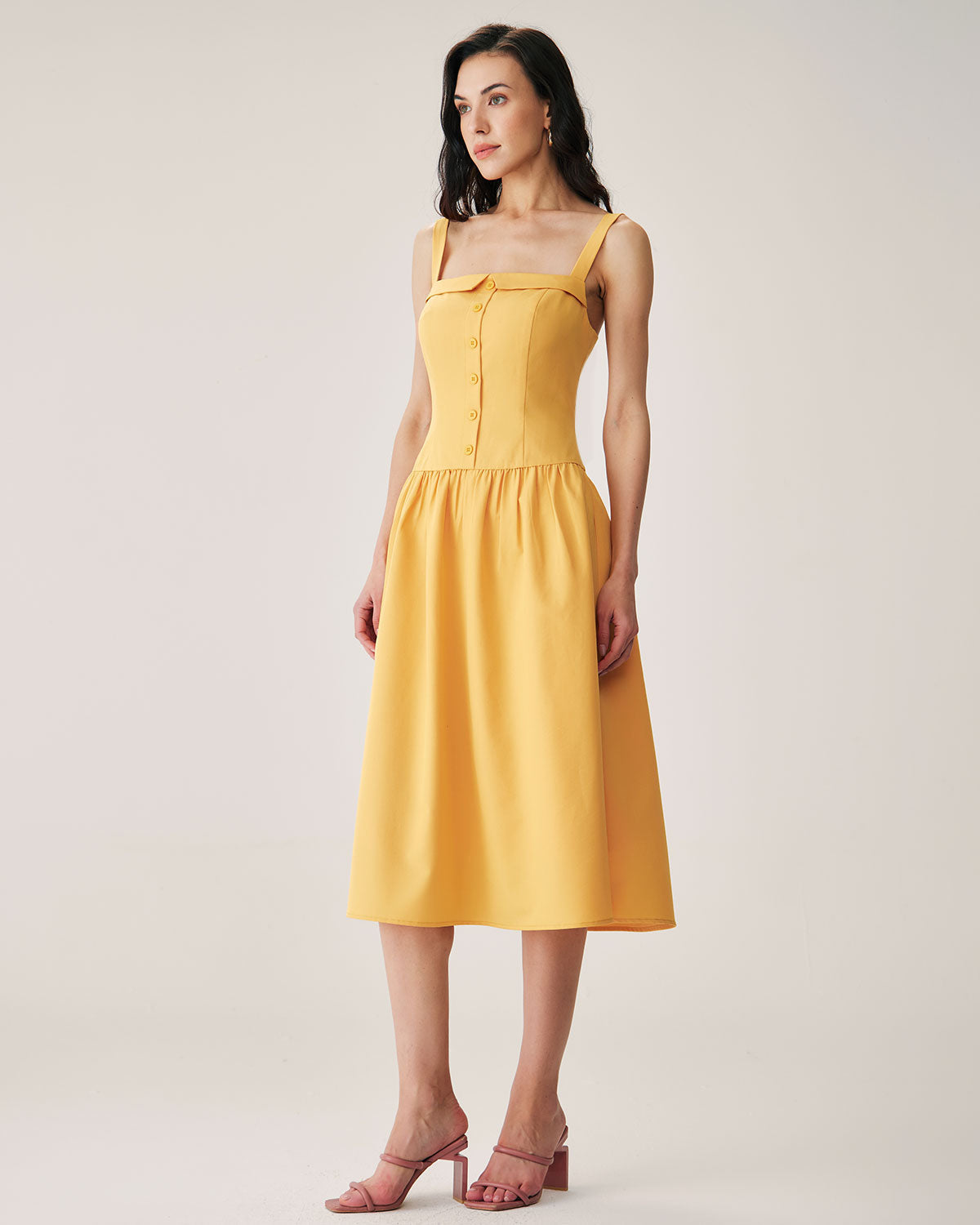 Belltoile™ Sarı Düğmeli Pileli Slip Midi Elbise