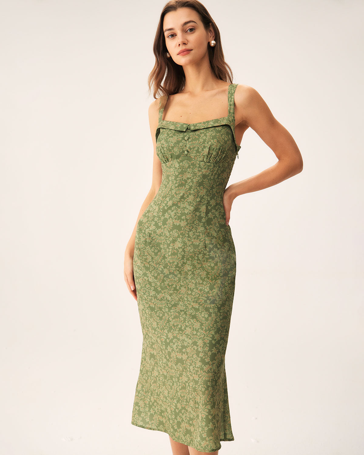 Belltoile™ Yeşil Çiçekli Kare Yaka Slip Midi Elbise