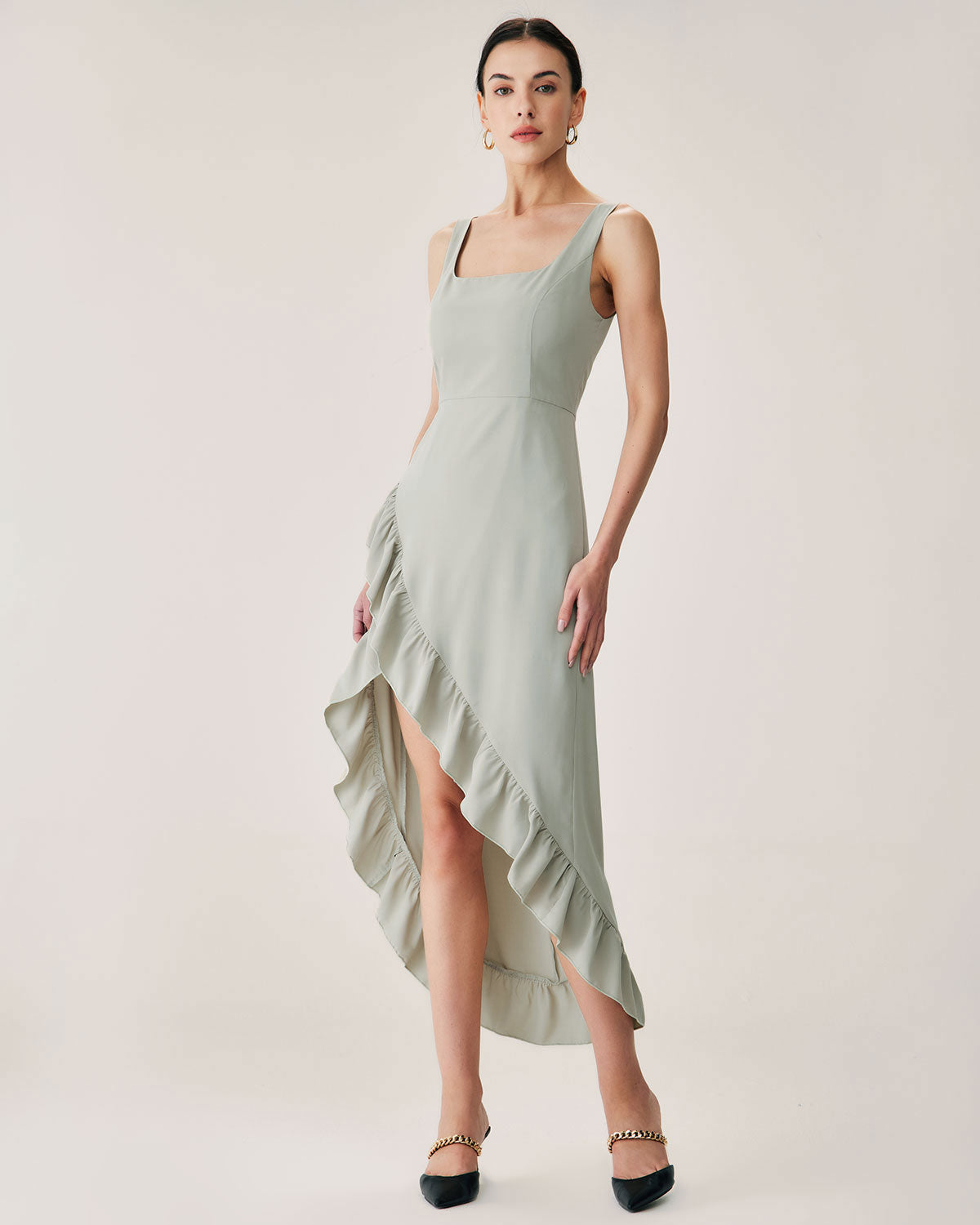 Belltoile™ Yeşil Fırfırlı Yırtmaçlı Slip Maxi Elbise
