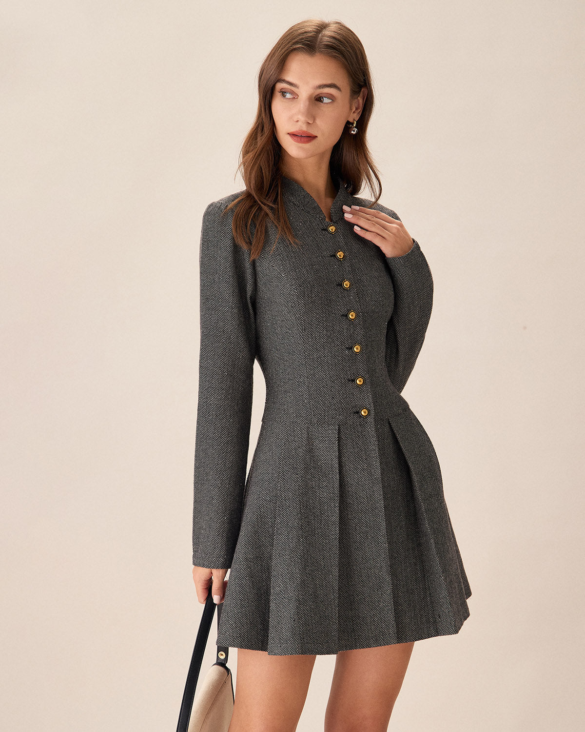 Belltoile™ Gri Düğmeli Piliseli Mini Elbise