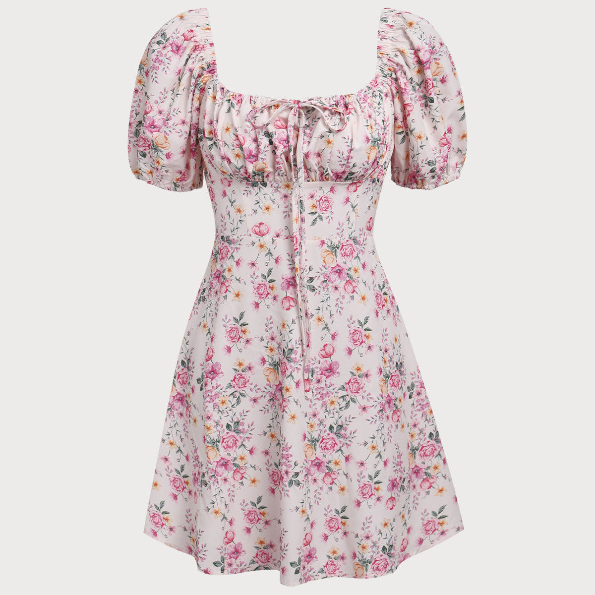 Belltoile Pembe Çiçekli Kare Yaka Dantelli Mini Elbise