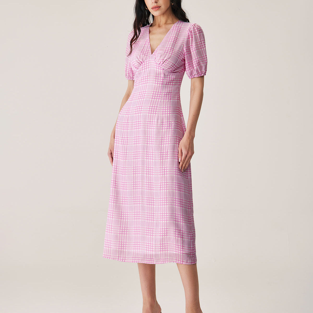Belltoile™ Pembe Ekose V Yaka Midi Elbise