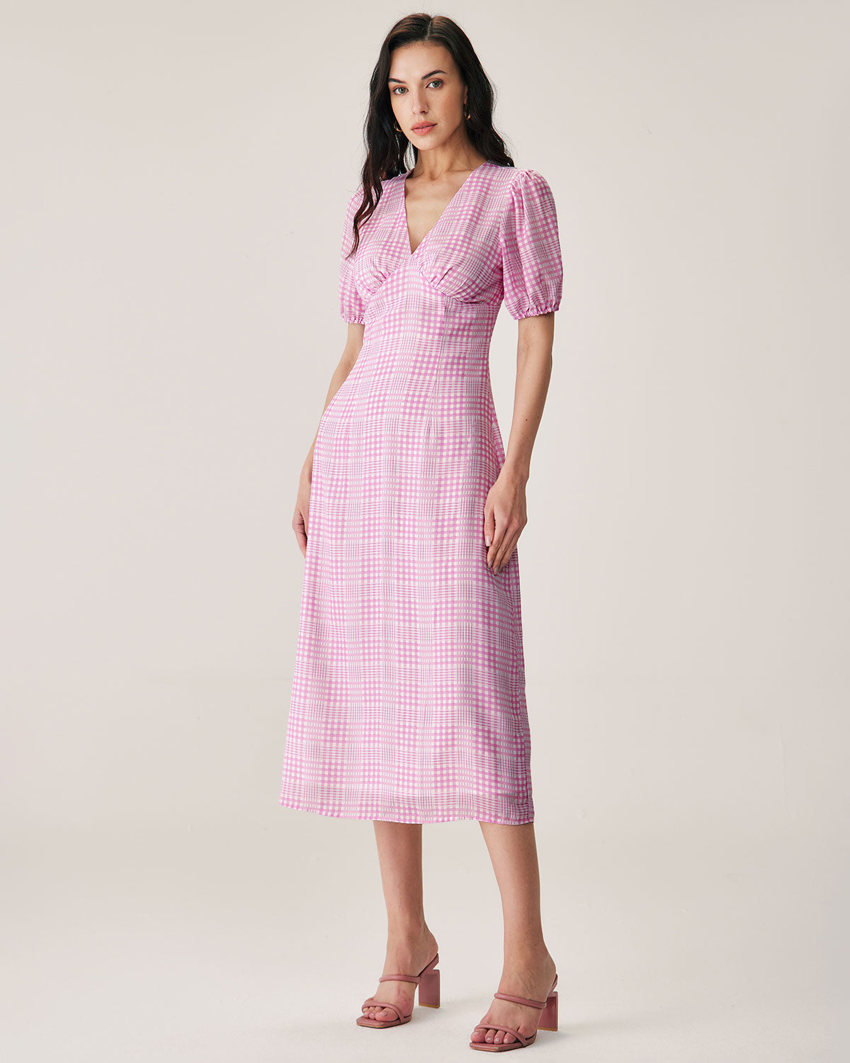 Belltoile™ Pembe Ekose V Yaka Midi Elbise