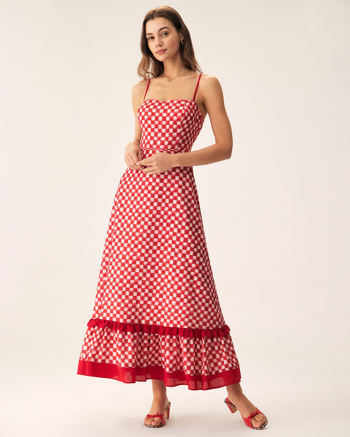 Belltoile™ Kırmızı Geometrik Fırfırlı Slip Maxi Elbise