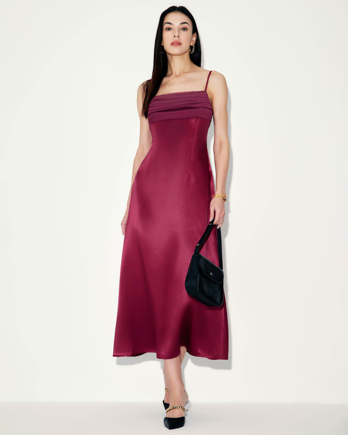 Belltoile Kırmızı Saten Kare Yaka Slip Maxi Elbise