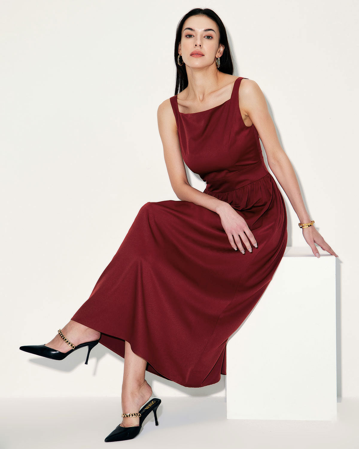 Belltoile™ Şarap Kırmızı Saten Slip Maxi Elbise