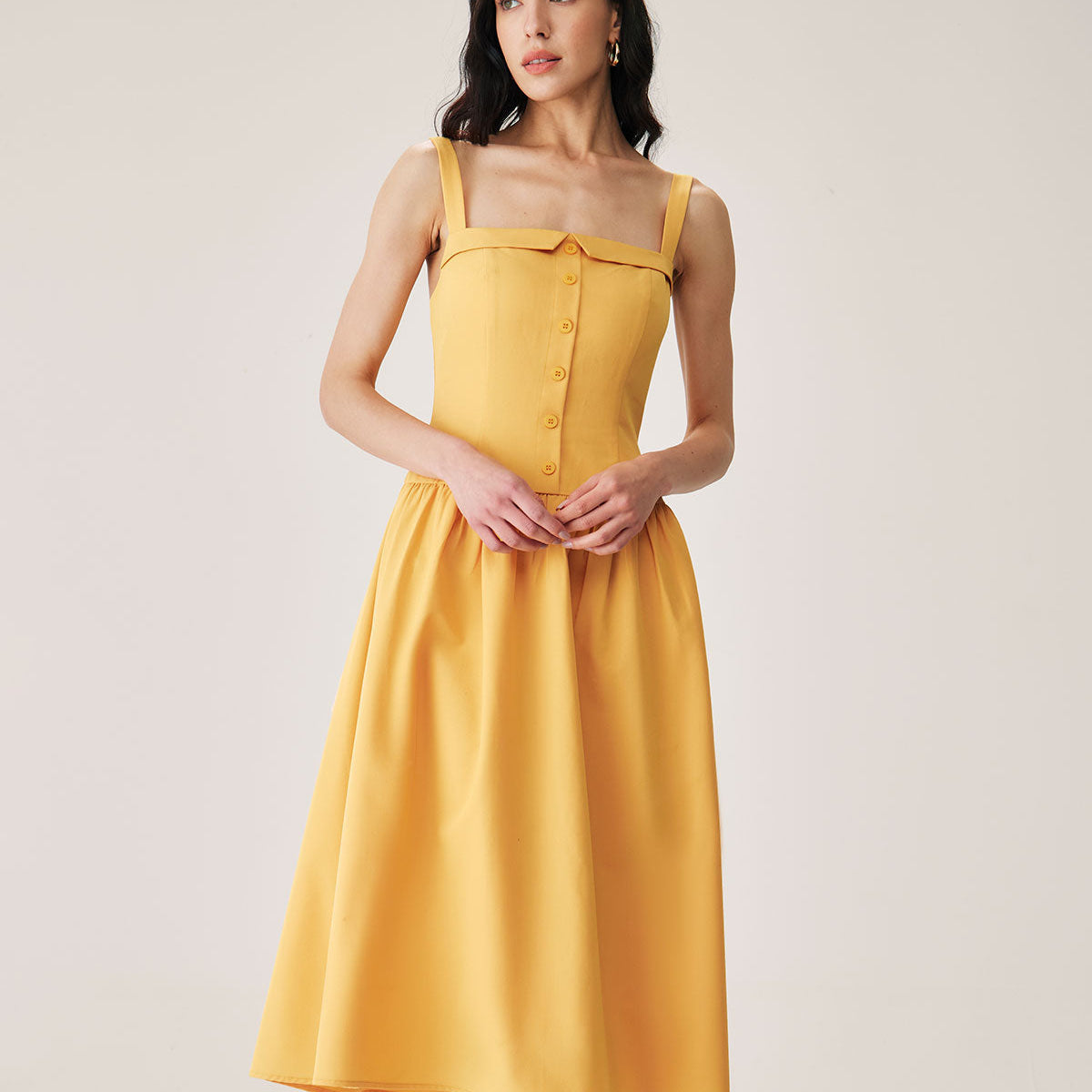 Belltoile™ Sarı Düğmeli Pileli Slip Midi Elbise