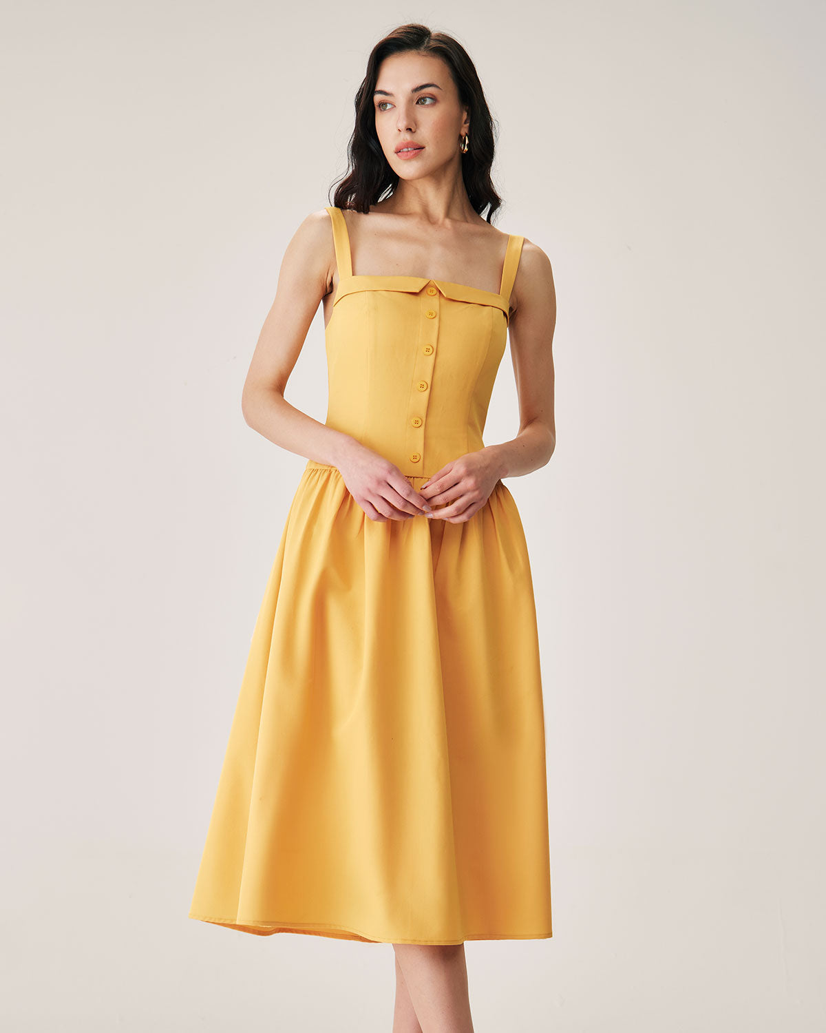 Belltoile™ Sarı Düğmeli Pileli Slip Midi Elbise