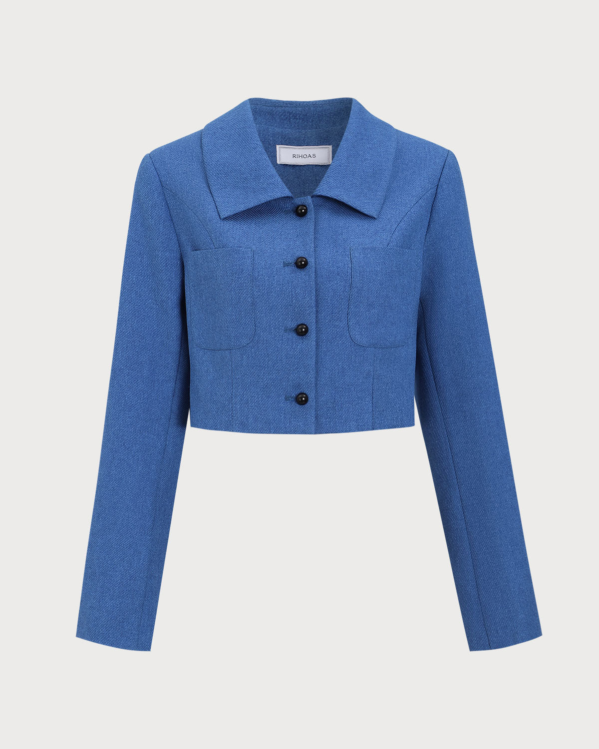 Belltoile™ Mavi Tek Sıra Düğmeli Cepli Crop Ceket