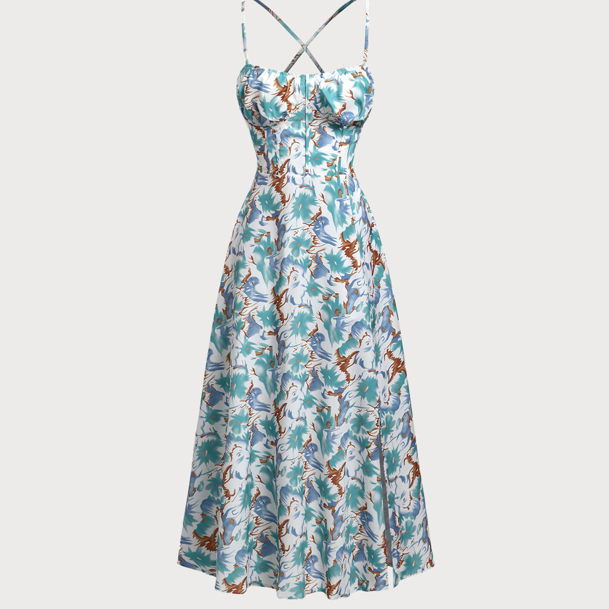 Belltoile™ Yeşil Çiçekli Sırtı Açık Slip Yırtmaçlı Maxi Elbise