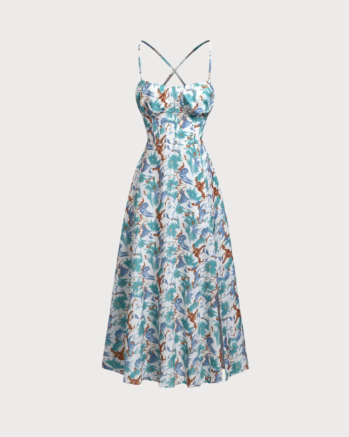 Belltoile™ Yeşil Çiçekli Sırtı Açık Slip Yırtmaçlı Maxi Elbise