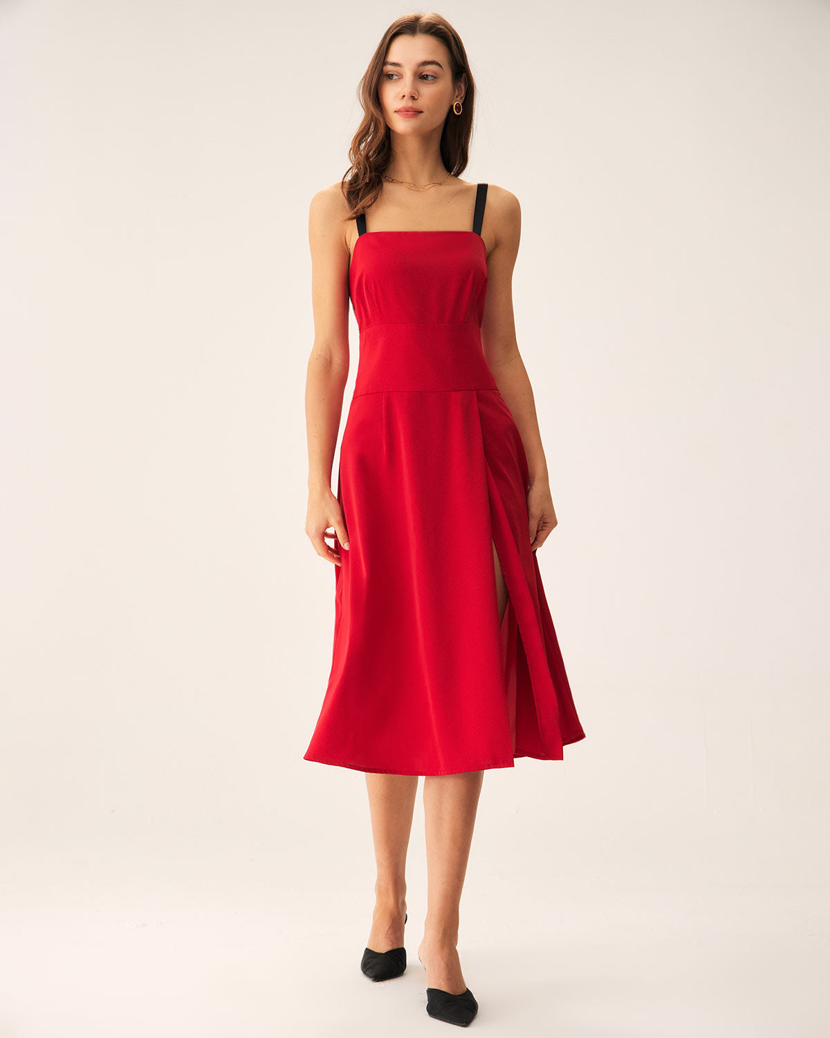 Belltoile™ Kırmızı Kontrast Yırtmaçlı Slip Midi Elbise