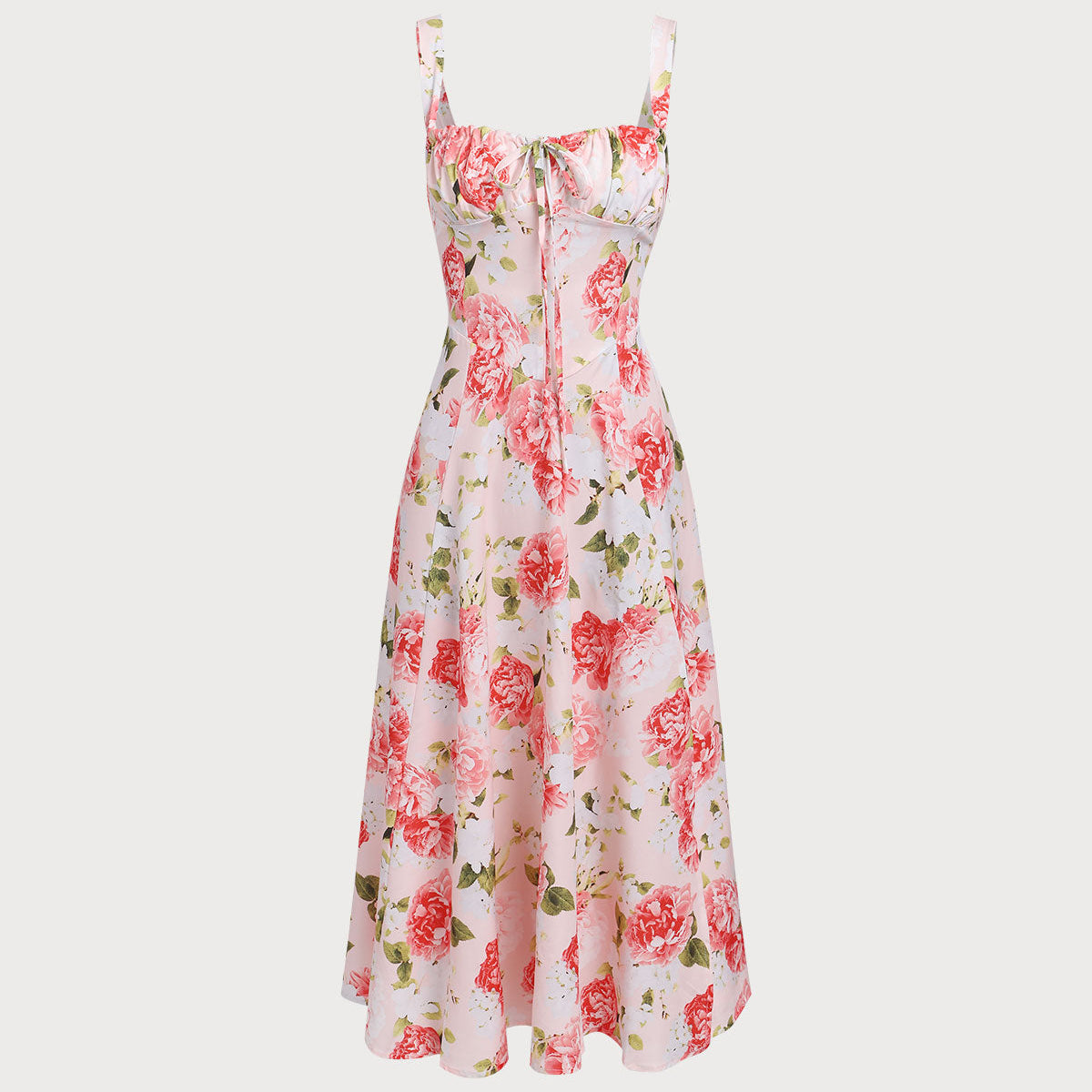 Belltoile Pembe Çiçekli Kare Yaka Yırtmaçlı Slip Midi Elbise