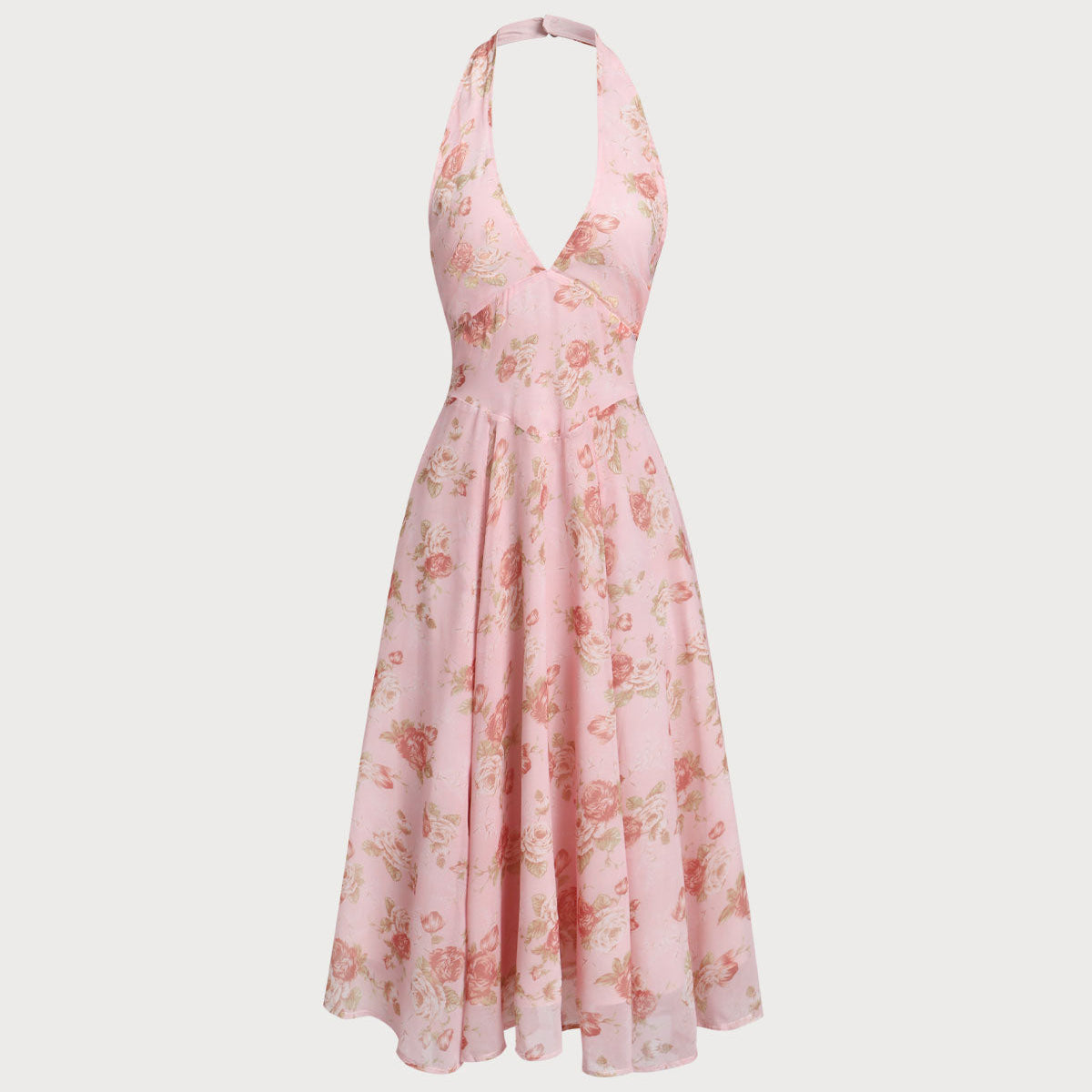 Belltoile™ Pembe Çiçekli Boyundan Bağlamalı Sırtı Açık Midi Elbise