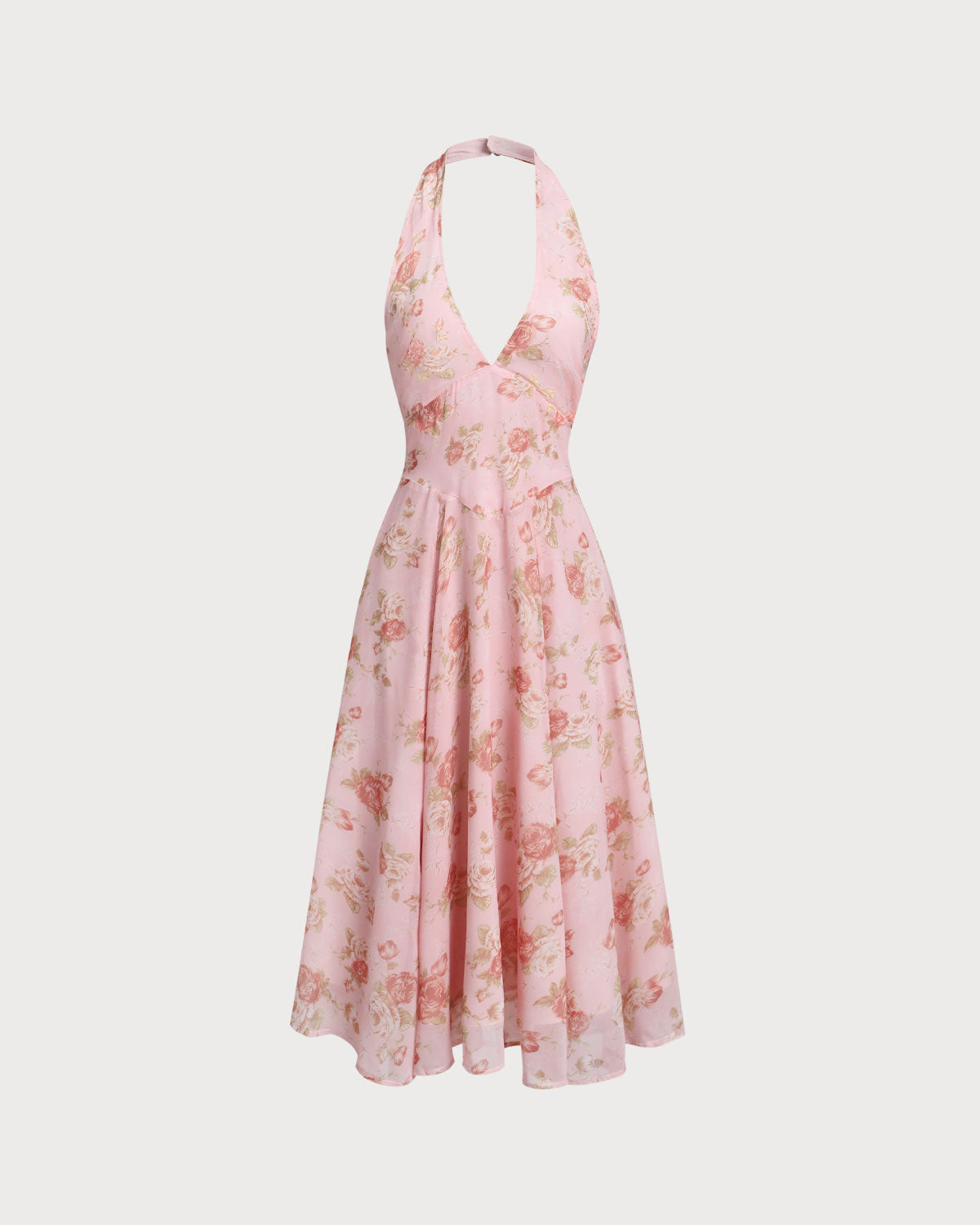 Belltoile™ Pembe Çiçekli Boyundan Bağlamalı Sırtı Açık Midi Elbise