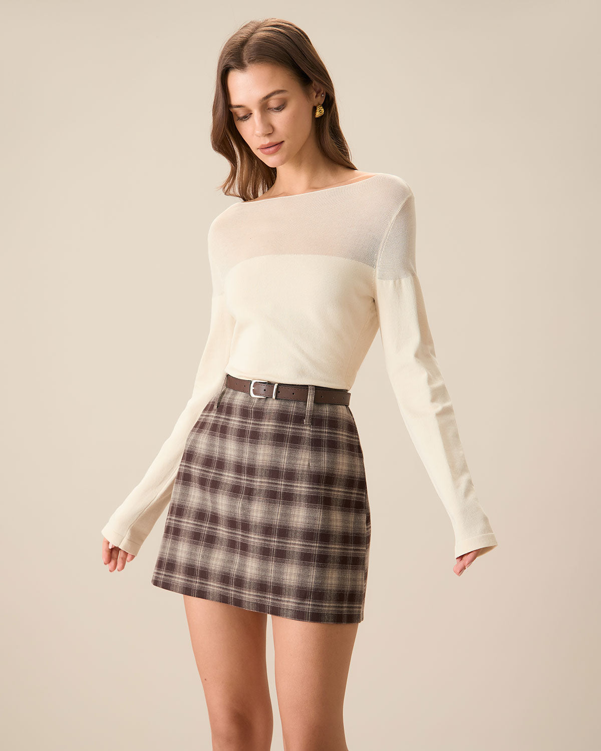 Belltoile™ Kahverengi Ekose Düz Mini Etek