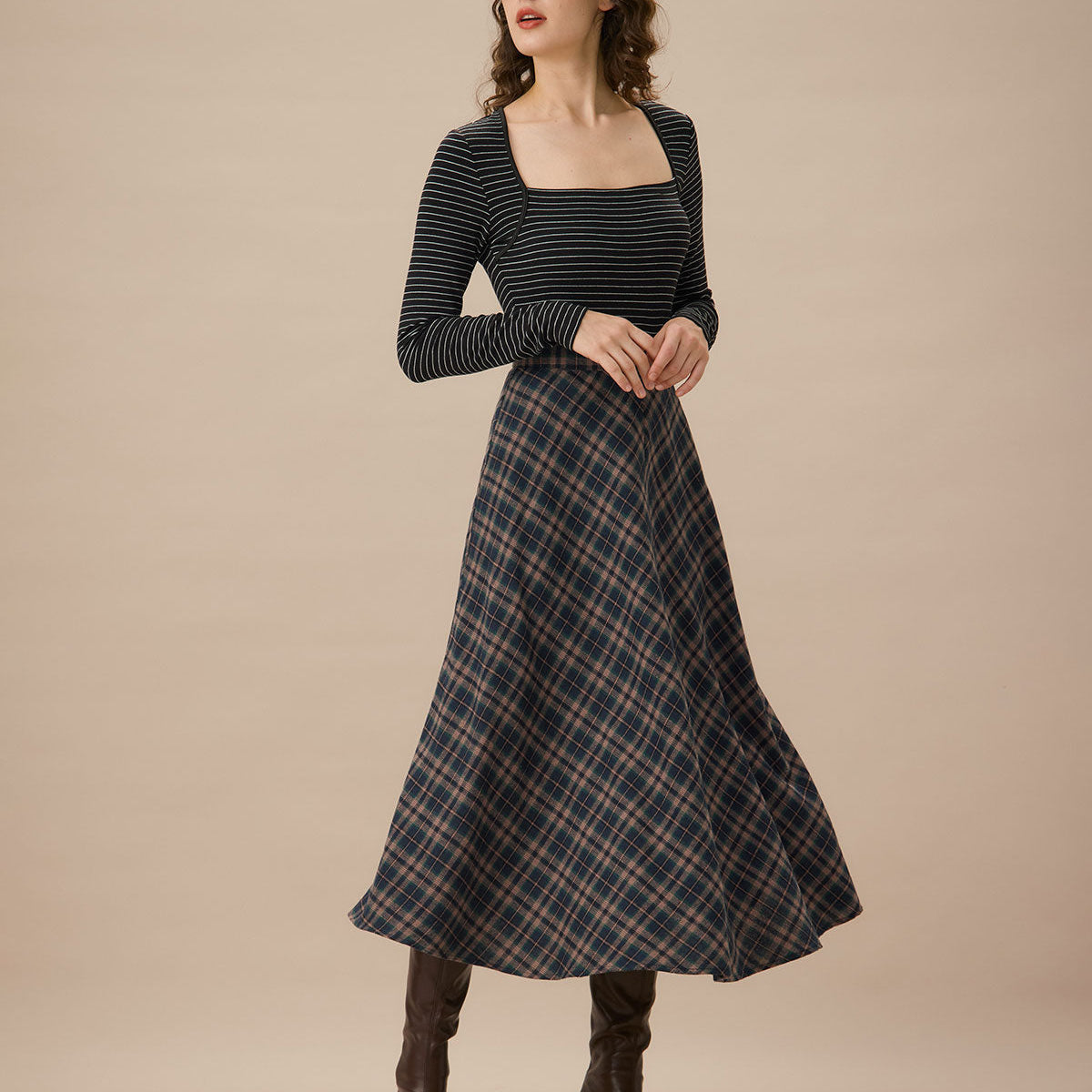Belltoile™ Lacivert Ekose Kloş Midi Etek