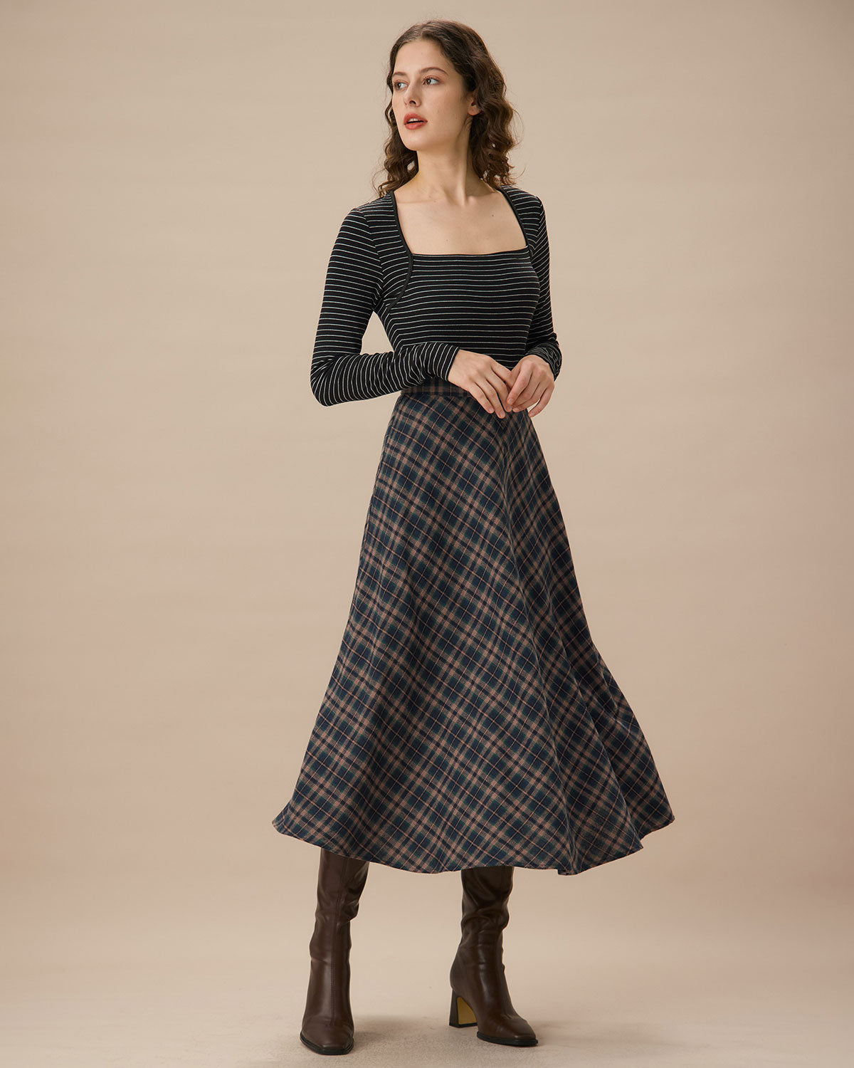 Belltoile™ Lacivert Ekose Kloş Midi Etek