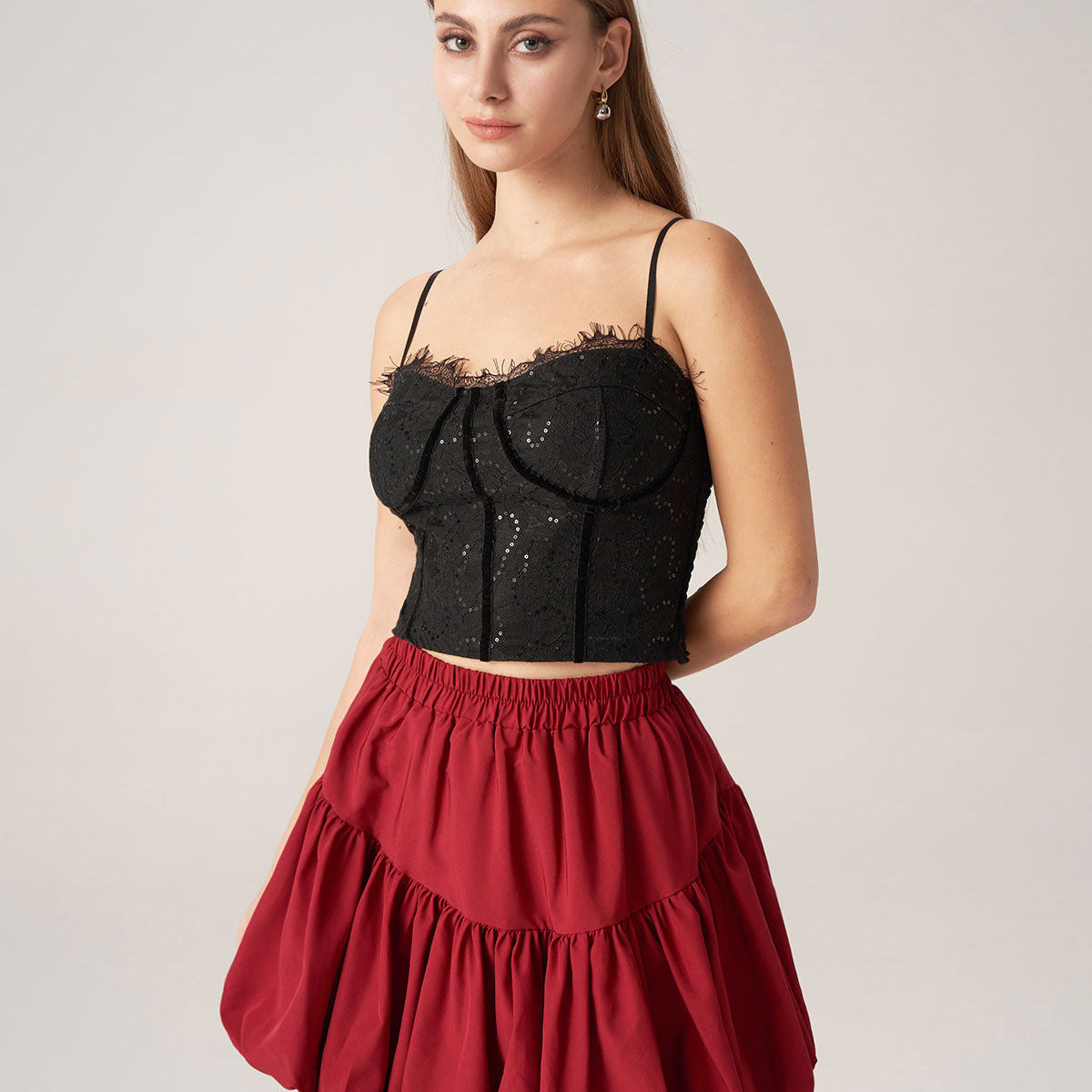 Belltoile™ Bettydress-Kırmızı Beli Lastikli Baloncuklu Mini Etek