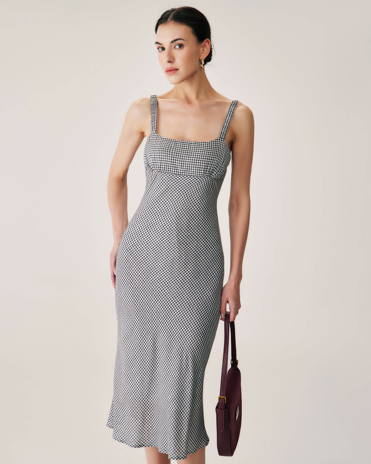 Belltoile™ Siyah Ekose Dantelli Slip Midi Elbise