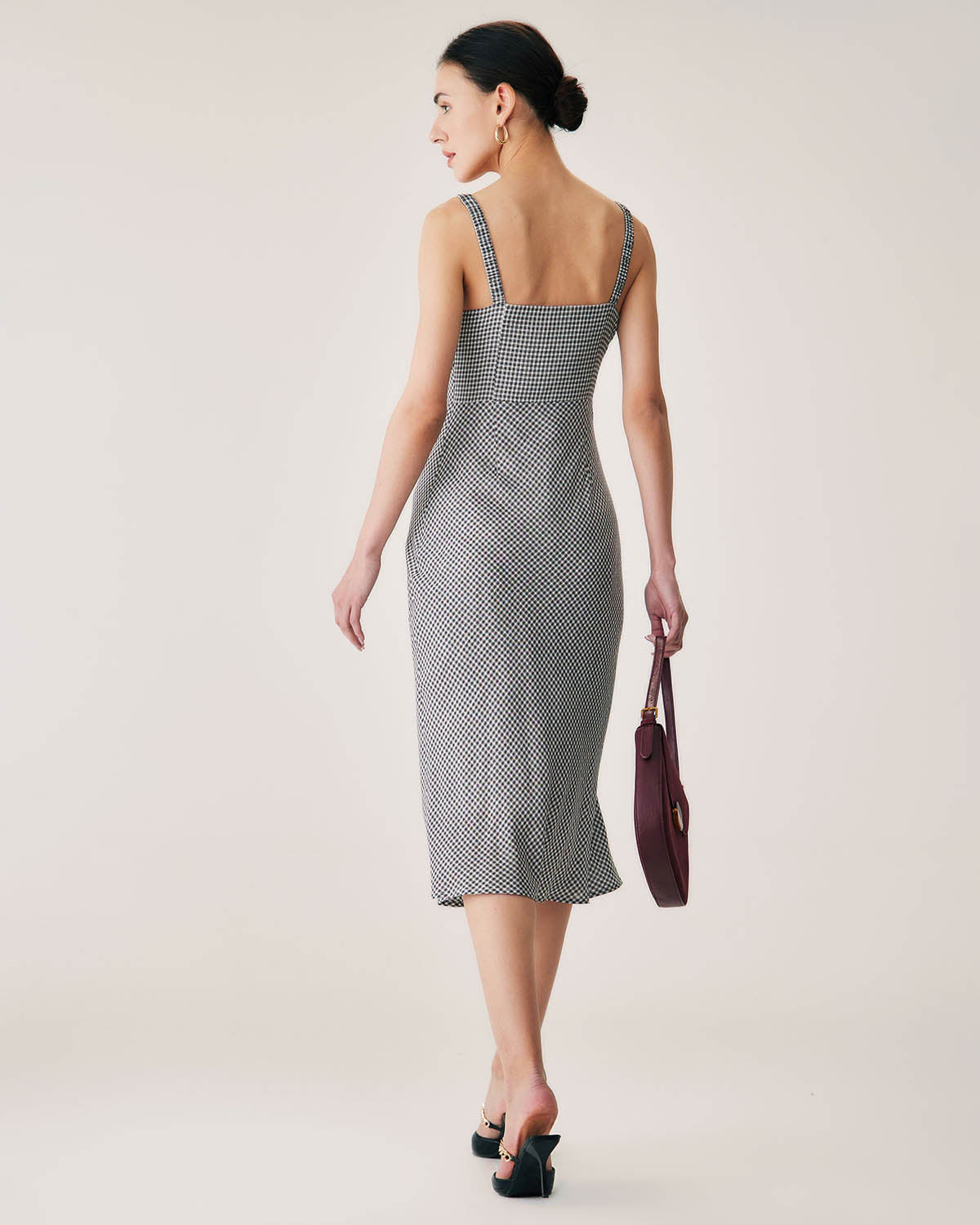 Belltoile™ Siyah Ekose Dantelli Slip Midi Elbise