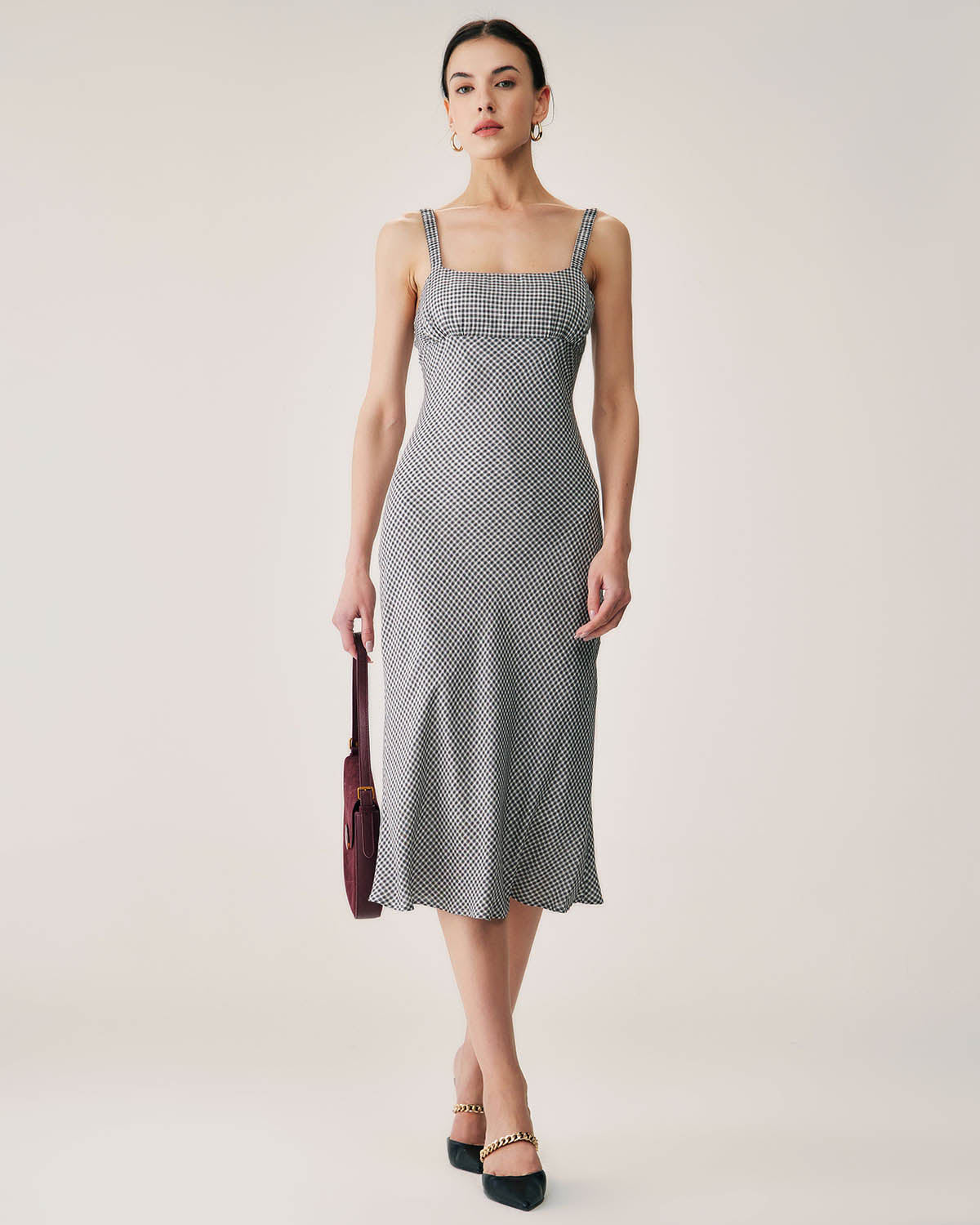 Belltoile™ Siyah Ekose Dantelli Slip Midi Elbise