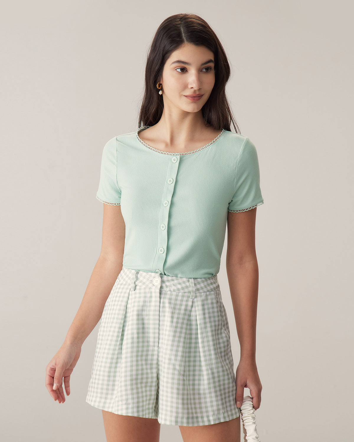 Belltoile™ Yeşil Yuvarlak Yaka Düğmeli Slim Tee